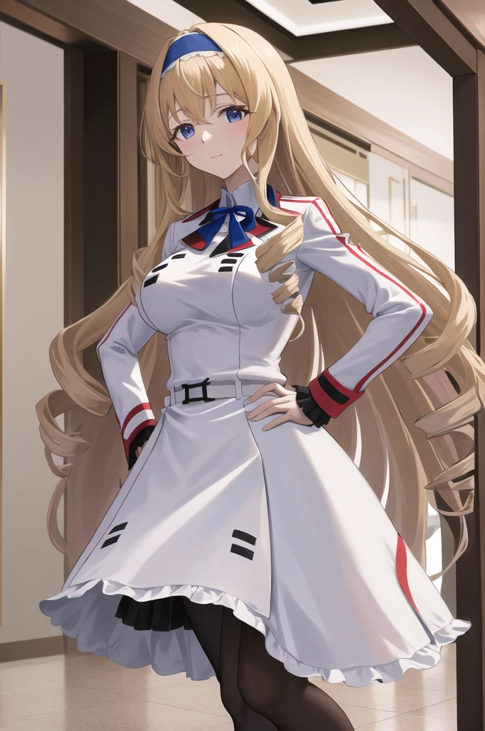 masterpiece, highest quality, High resolution,  Asecilia, Very long hair, Curly Hair, Drill Hair, Blue hair band, , White jacket, White Dress, Long sleeve, belt, Black Pantyhose, Hands on hips, indoor, Are standing