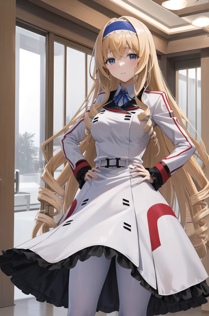 masterpiece, highest quality, High resolution,  Asecilia, Very long hair, Curly Hair, Drill Hair, Blue hair band, , White jacket, White Dress, Long sleeve, belt, Black Pantyhose, Hands on hips, indoor, Are standing