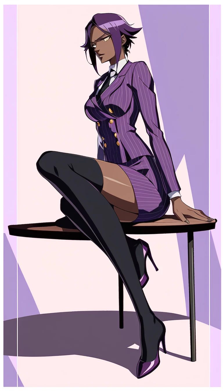  Full body Yoruichi as a thin Black business woman in a double breasted pinstripe purple  skirt suit while wearing a tie with a very long purple pinstripe skirt that covers the legs and with long black knee socks full art and make her sit down also give her thin legs and purple heels