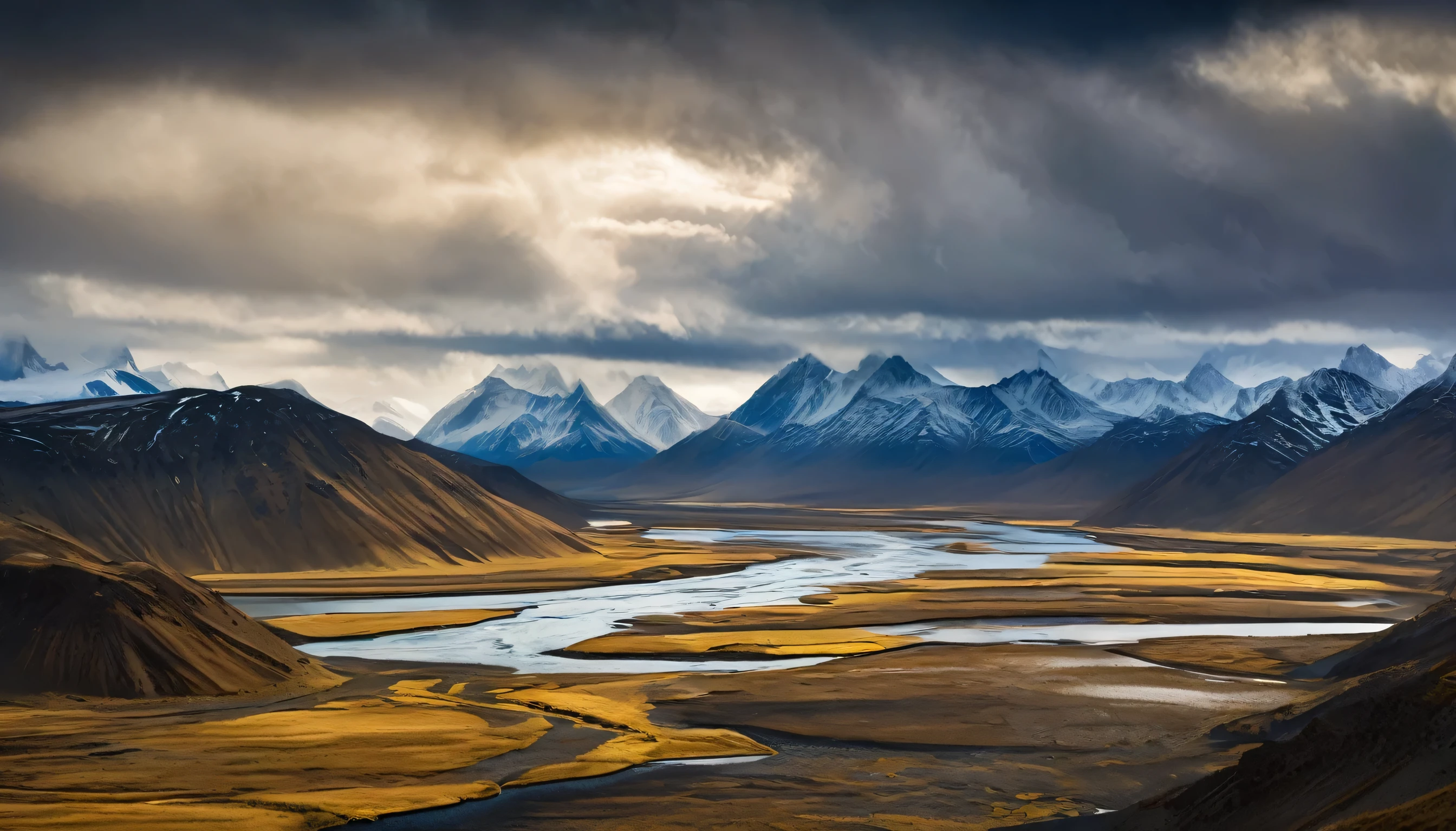 image of a dramatic and intricate network of river deltas weaving through a rugged landscape with mountains in the background, under a moody sky. The rivers should have a distinct blue color contrasting with the golden brown hues of the terrain, reminiscent of the highlands of Iceland. Include dynamic lighting to enhance the textures and depth, capturing the essence of an epic journey through remote wilderness.