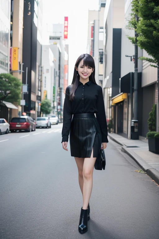 Extremely detailed photography of one Japanese woman, beautiful business woman, walking, 22 years old, (black long tight skirt:1.2), (her skirt has long slit:1.3), cat eyes, smiling, slender body