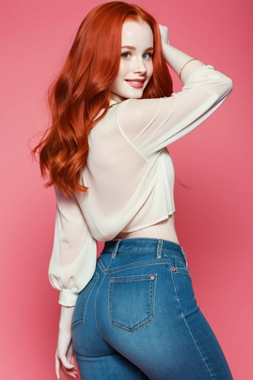 Madelaine Petsch showing her perfect butt dressed in a dull colored blouse and thong and a sexy smile.