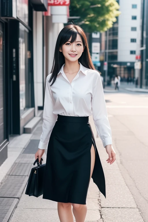 Extremely detailed photography of one Japanese woman, beautiful business woman, walking, 28 years old, (black long tight skirt:1.3), (her skirt has long slit:1.3), cat eyes, smiling, slender body