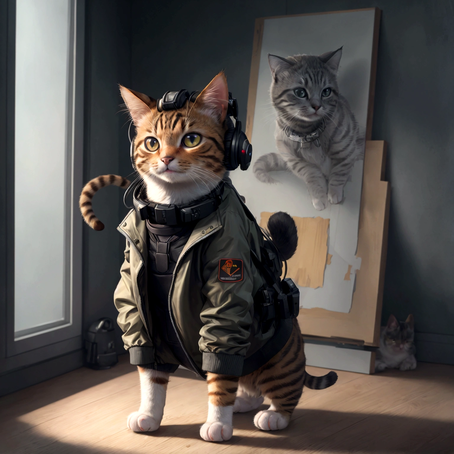 ((High resolution: 1.1)), ((Best quality, 8K, Artwork: 1.4)): A cute cat standing, wearing a headset on its head and a tactical jacket, depicted in high resolution with the best quality, showcasing incredible artistry and detail in 8K resolution.