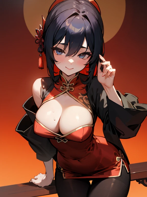 a sexy woman, pantyhose, chinese dress, shrot sleeves cleavage, smile, night, cowboy shot, highly detailed, HD, 4K, Masterpiece, highres