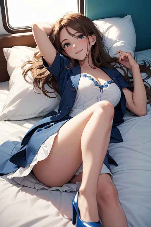 Beautiful woman, inside a combi from Mexico, lying on bed, light brown hair, long hair, white and blue dress, perfect body, good lighting, navy blue heels, green skirt, happy, laughing