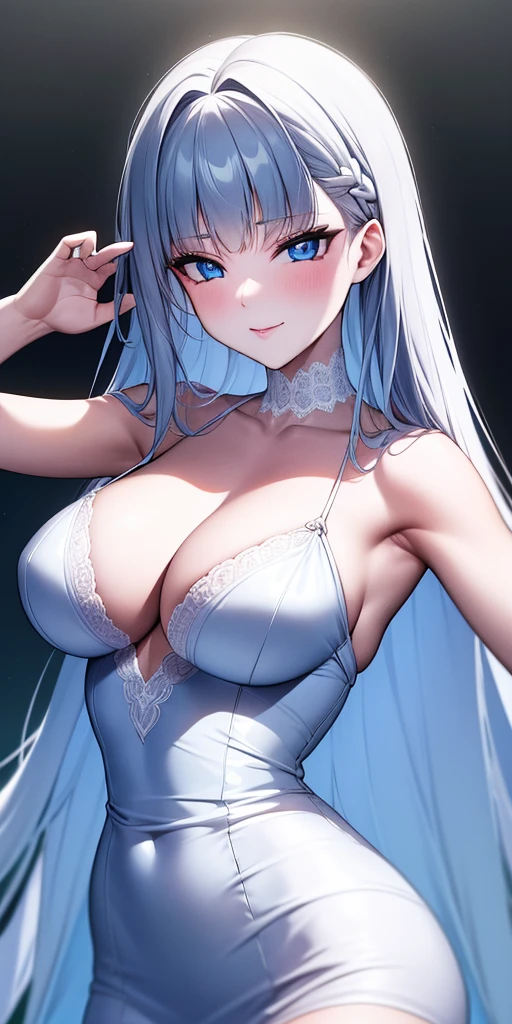 ((obra maestra)), ((mejor calidad)), (ultra detallado), ((extremadamente detallado)), 4k, (8K), mejor calidad, (Hermoso), estilo animado, mirar hacia arriba desde abajo, bar, Noche, una chica guapa, 1 chica, solo, traje, Hermoso rainbow hair, Hermoso blue eyes, ((Hermoso eyes)), De piel blanca, pendientes, cuello, sonrisa