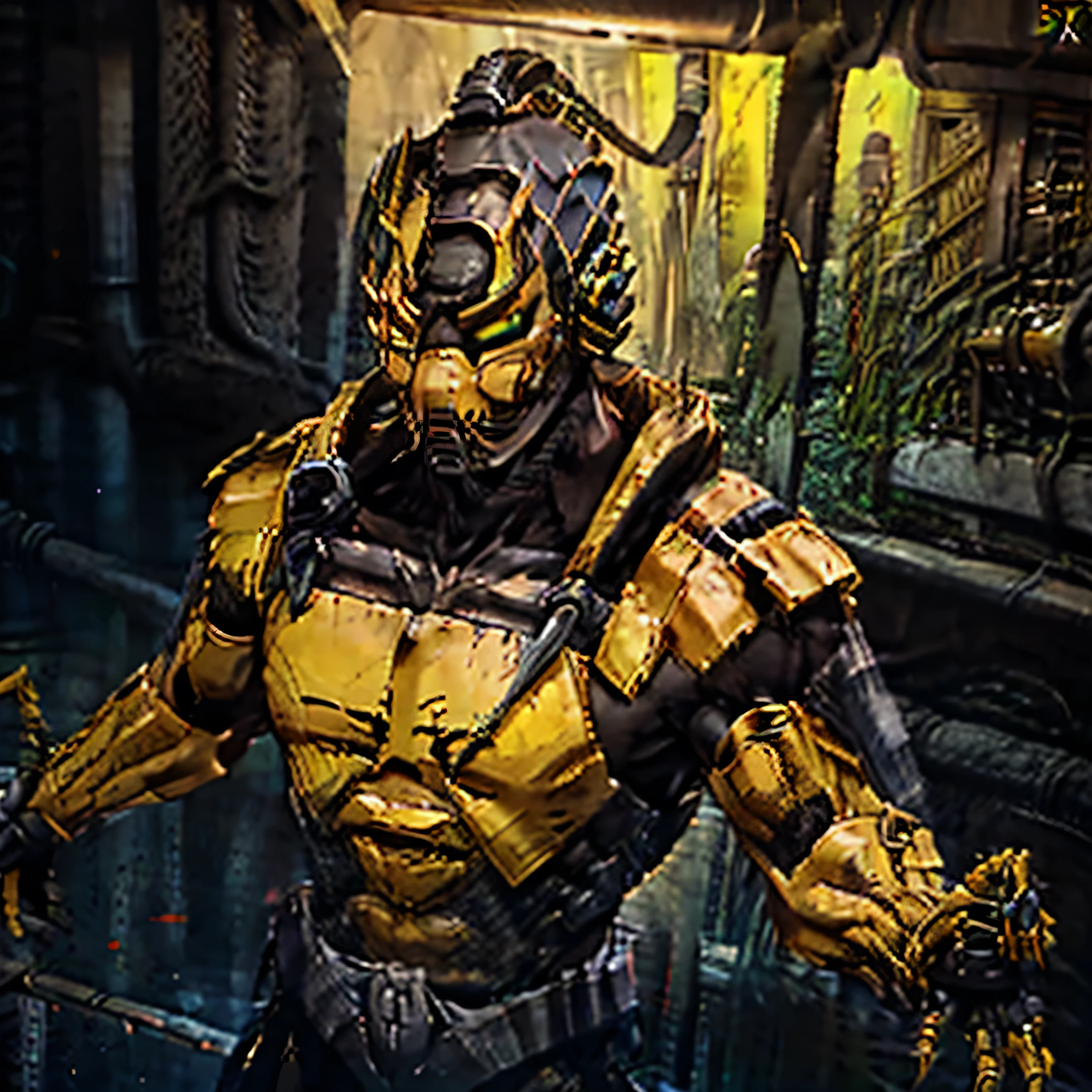 (papel de parede 8k extremamente detalhado), a medium shot of yellow cyberpunk Grim dressed as a masked ninja in armor made of metal, tema de terror, intricado, alto detalhe, dramatic, Mortal Kombat, Cyrax