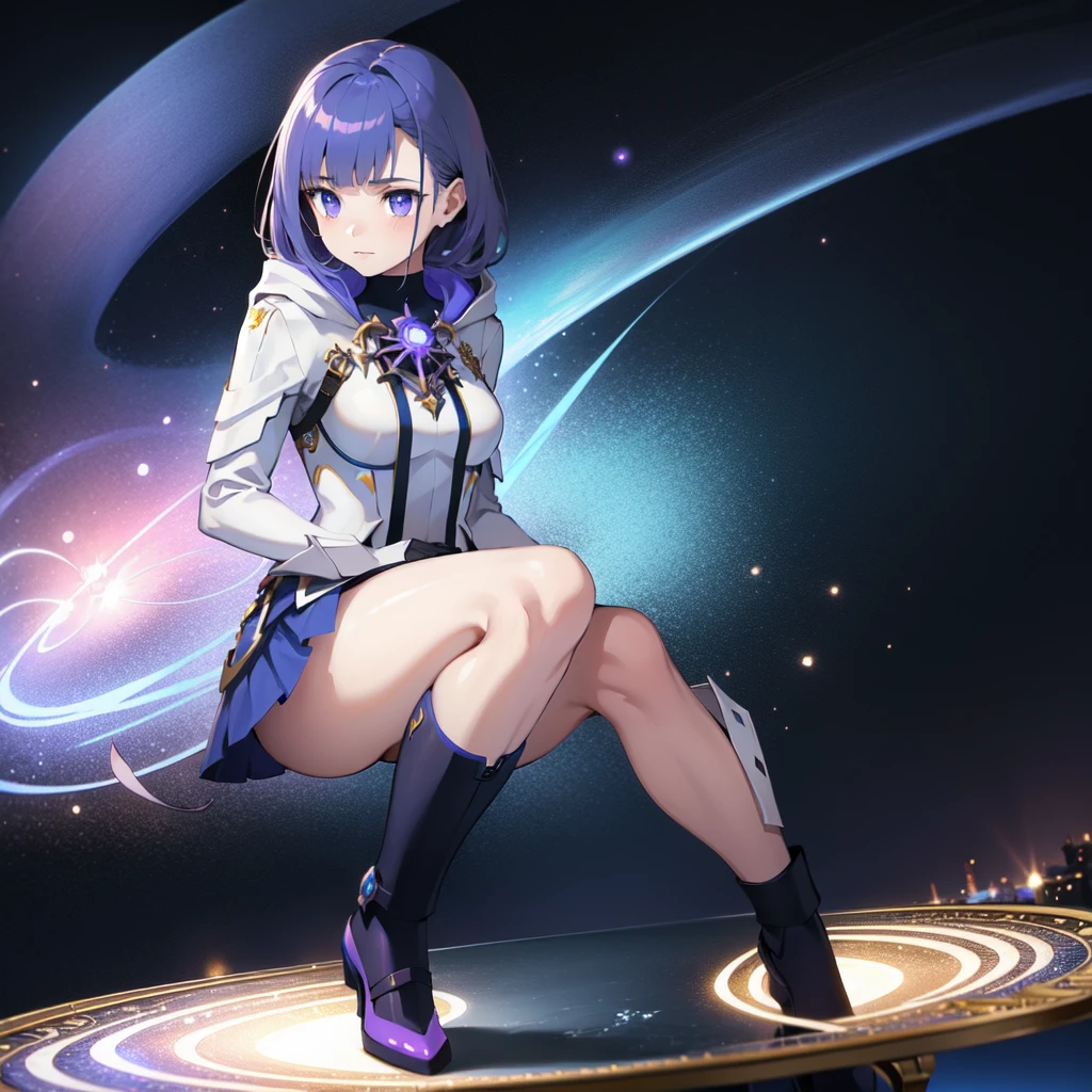 (((masterpiece, best quality, 8k))) full-body shot of a hooded girl with a perfect face, standing on a reflective ground. She is holding a source of blue and purple light energy, with many particles surrounding her. The environment is dark and misty, with the only source of light coming from the energy and particles, all glowing in blue and purple tones. The atmosphere is mysterious and otherworldly, with a misty haze drifting around her feet. Her face is partially obscured by the hood, and her eyes are focused intently on the luminous orb in her hands, astronomy back ground