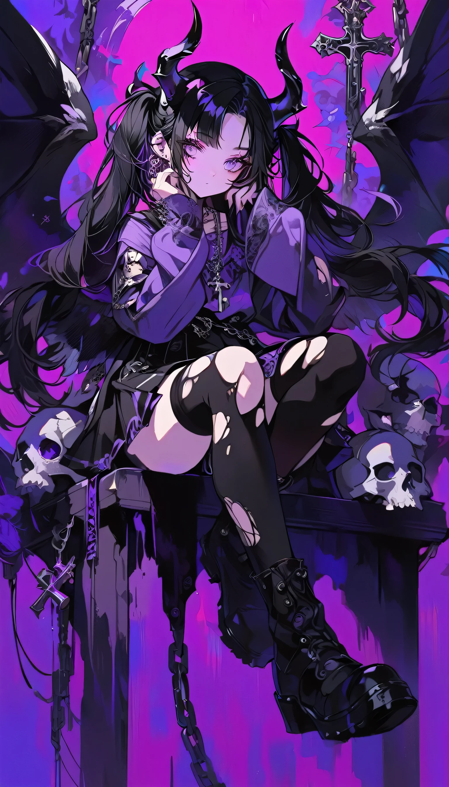 1girl, solo, long hair, looking at viewer, bangs, skirt, shirt, black hair, hair ornament, thighhighs, long sleeves, twintails, jewelry, sitting, closed mouth, purple eyes, full body, purple hair, multicolored hair, earrings, boots, wings, horns, shoes, socks, black thighhighs, black skirt, pink eyes, necklace, black footwear, sleeves past wrists, parted bangs, torn clothes, chain, cross, black socks, hand on own face, knee up, skull, purple shirt, torn thighhighs, purple theme, latin cross,more detail XL