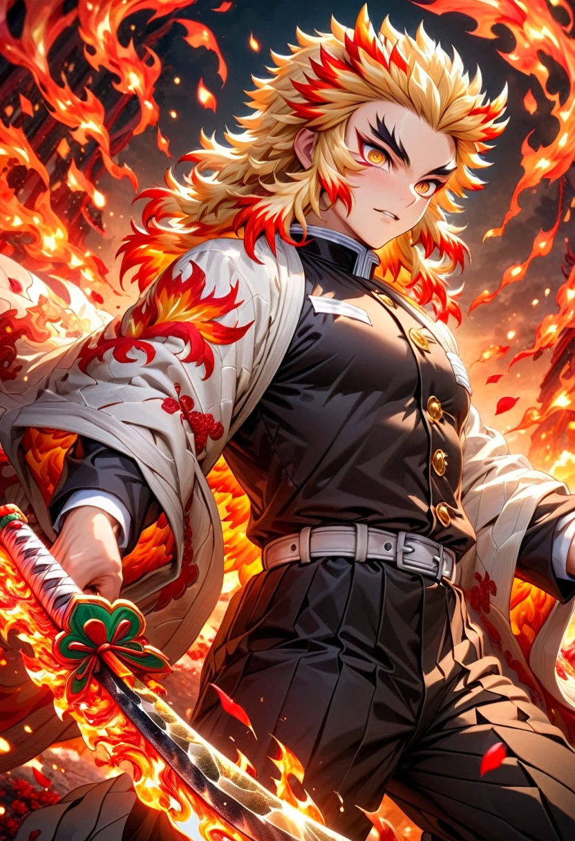 absurdres, highres, ultra detailed, HDR, master piece, best quality, Rengoku Kyojuro, blonde hair, expressive orange eyes, kimetsu no yaiba, solo, sexy man holding a sword, holding, handsome, white haori, demon slayer uniform, magical, fantasy, fire, red flowers, red blossoms, red butterflies, red petals