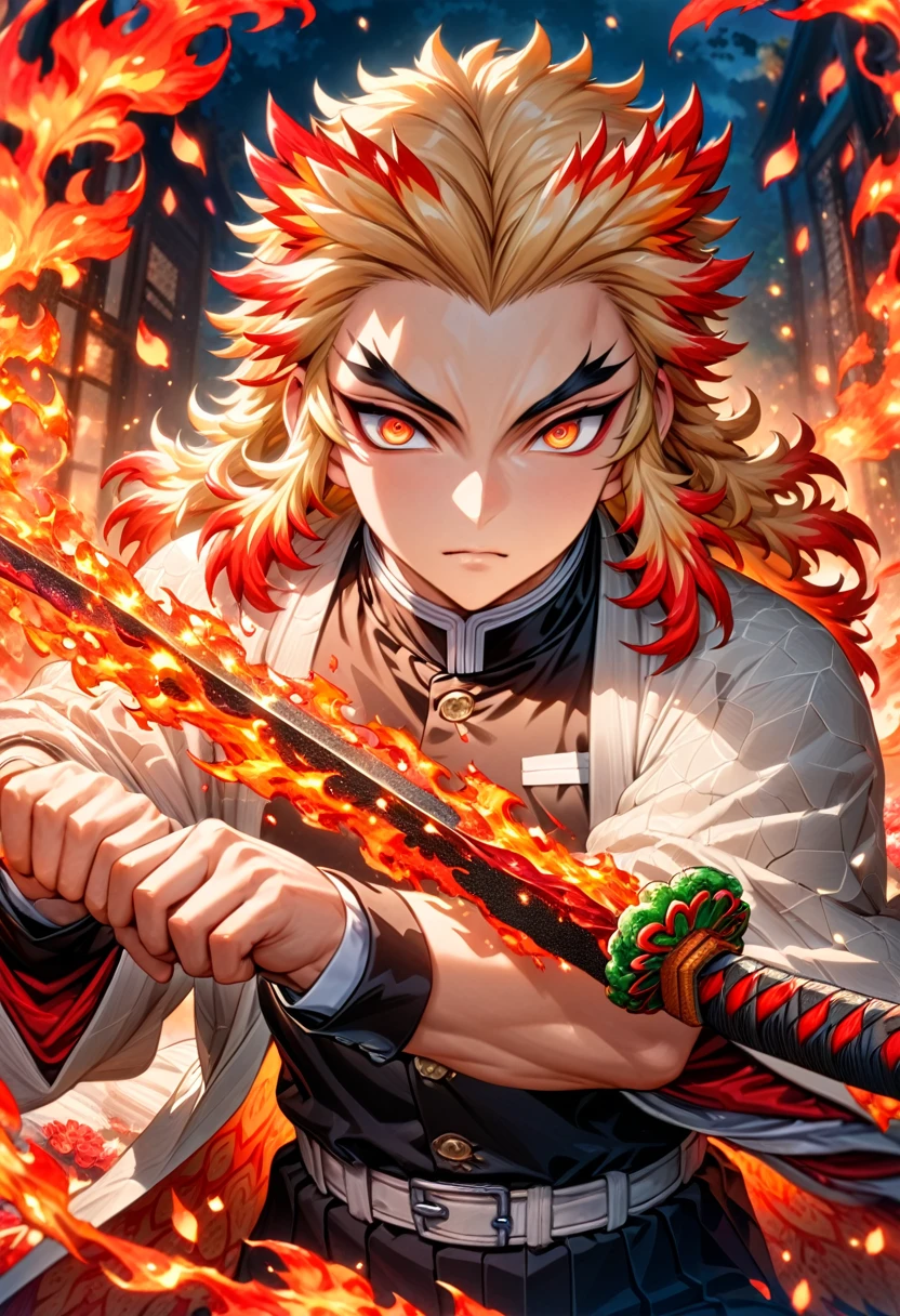 absurdres, highres, ultra detailed, HDR, master piece, best quality, Rengoku Kyojuro, blonde hair, expressive orange eyes, kimetsu no yaiba, solo, sexy man holding a sword, holding, handsome, white haori, demon slayer uniform, magical, fantasy, fire, red flowers, red blossoms, red butterflies, red petals