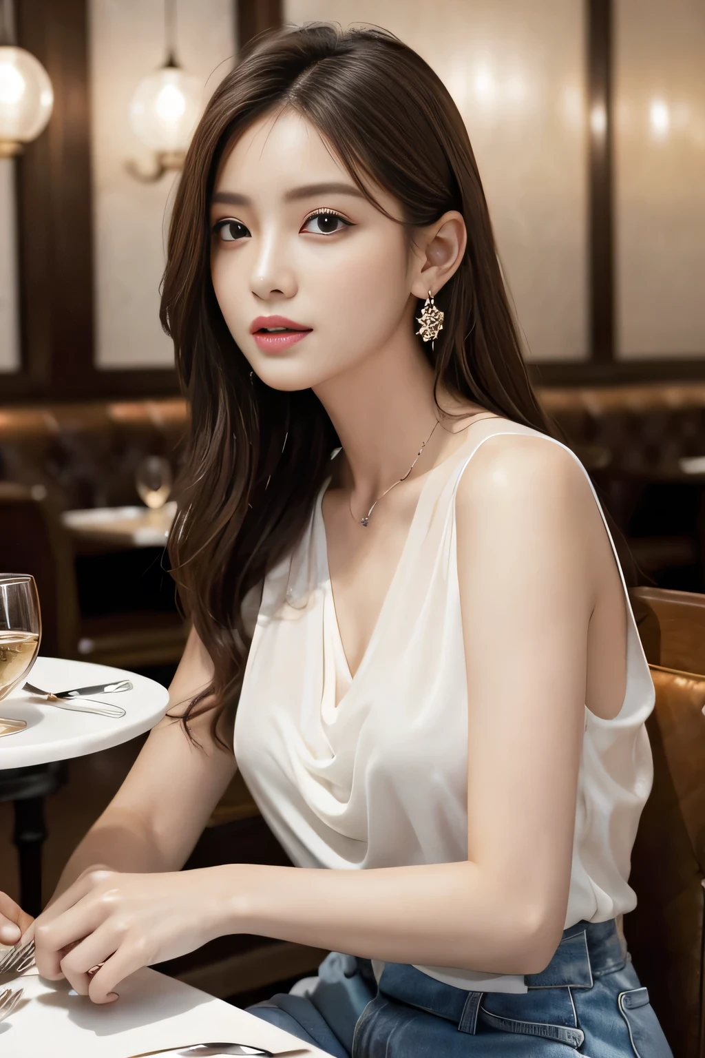 masterpiece, highest quality, Realistic, Very detailed, Finer details, High resolution, 8k wallpaper, One beautiful woman, Wear an elegant white see-through blouse, In a great restaurant, At night, Light brown messy hair, Perfect dynamic composition, Beautiful and beautiful eyes、Big earrings、Sitting in a chair、Sleeveless shirt、