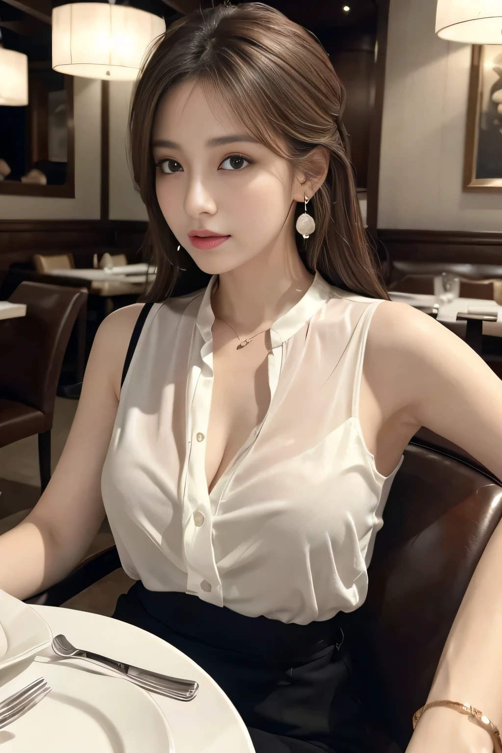masterpiece, highest quality, Realistic, Very detailed, Finer details, High resolution, 8k wallpaper, One beautiful woman, Wear an elegant white see-through shirt, In a great restaurant, At night, Light brown messy hair, Perfect dynamic composition, Beautiful and beautiful eyes、Big earrings、Sitting in a chair、Sleeveless shirt、