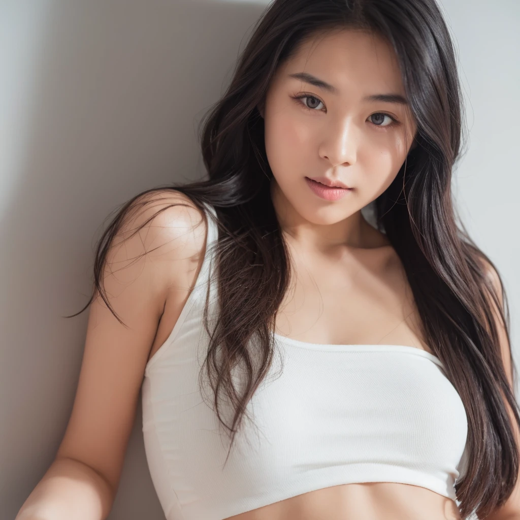 Portrait, A Woman, look at viewer, long hair, tank top, white background