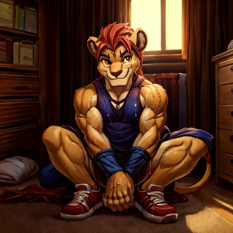 masterpiece, detailed, beautiful digital art, masterpiece, 4K, small parts, Anthro, a lion, What, male, ((male род)), good quality anatomy, ((beautiful eyes)), orange eyes, Red Mane, ((beautiful hands, detailed hands)), Apparel, casual Apparel, bedroom, college dormitory, sitting on the floor, shoes, ((wearing shoes)), (((detailed Apparel))), (I look at the viewer), smile, (((seductive smile))), I look at the viewer, whole body, scar, scar on left eye, anime style, from NOMMZ, by Heichel, Oyuki Benten,weak muscles,a long tail,NFV,male,odd eye,NAGOTA,Nothing to wear,frightening look,gay,Account,bed background,shame,sweating,Watery eyes,oral,