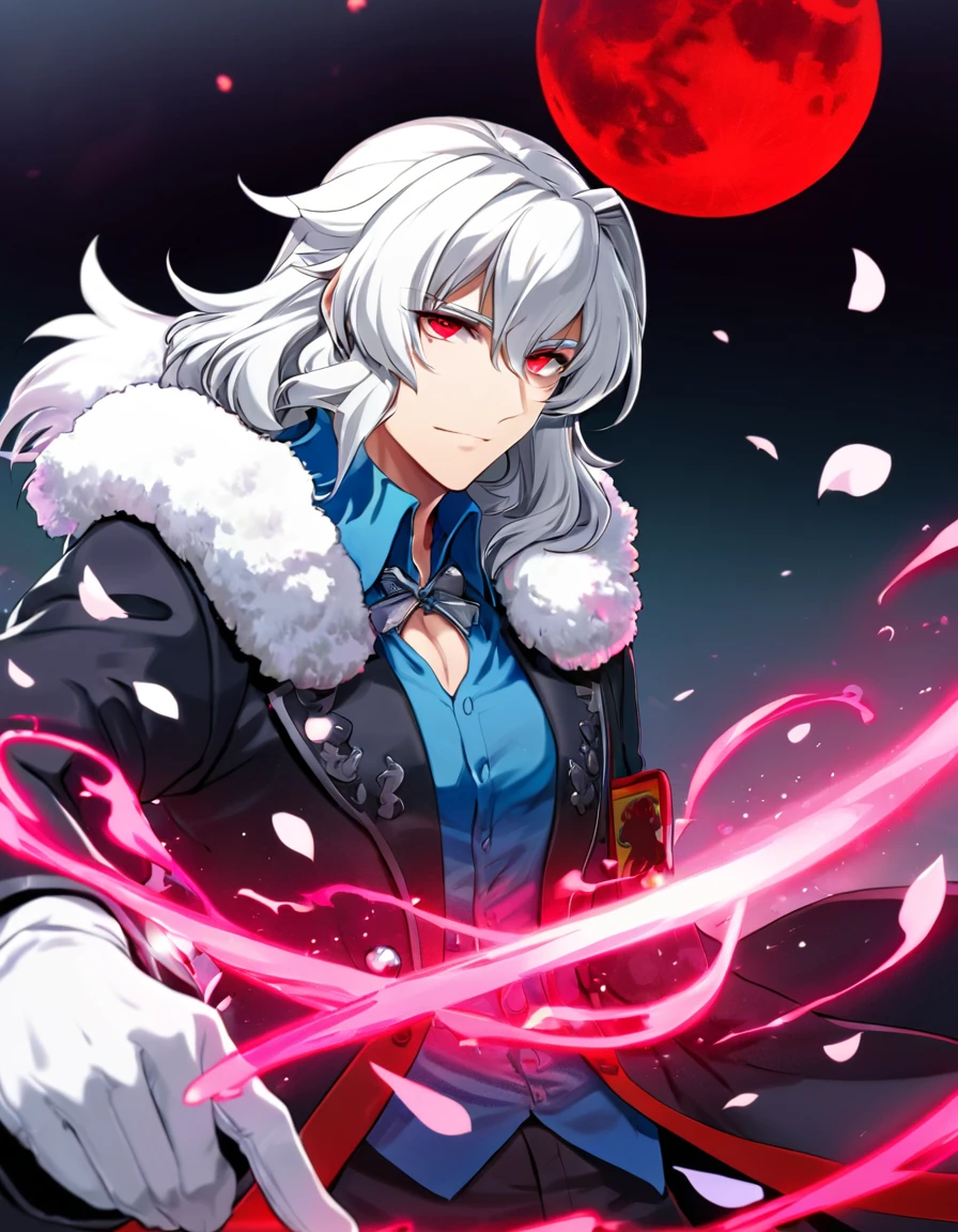 Ultra detailed, highres, absurdres, HDR, master piece, Vlov Arkhangel, white medium hair, expressive red eyes, Tsukihime (Melty Blood), fantasy, petals, red flowers, handsome, sexy man, solo, magic, shining red fireflies, red moon, best quality, extremely detailed face and eyes, red lightning, black coat with fur, white gloves, blue long shirt