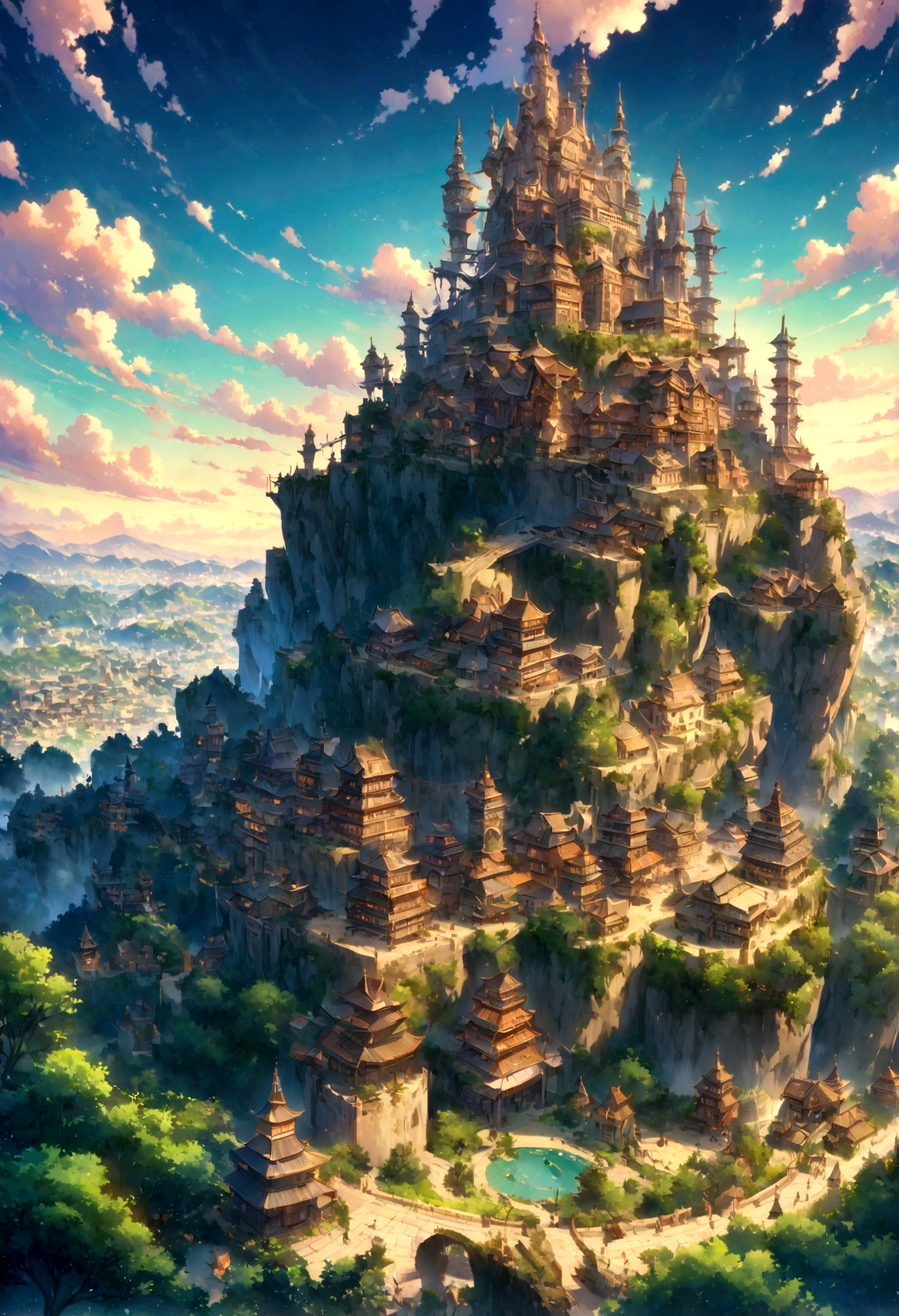 A highly detailed anime-style still art, Ghibli studio style, masterpiece, official art, professional, ((ultra-detailed)), 8k, ((Not show people)), fantastical city carved within a large, rugged mountain. The mountain should appear rough and imposing, with intricate pathways and structures carved into its rocky surface. The city inside should have a unique, surreal design that could not exist in reality. Include elements such as twisting towers, floating platforms, and unusual bridges. The architecture should be imaginative and otherworldly, with buildings featuring intricate details and ornate designs. Surround the city with lush greenery and small waterfalls. Illuminate the scene with a soft, otherworldly light to enhance the sense of wonder and mystery. Add distant, ethereal structures in the background to create depth and a dreamlike atmosphere.