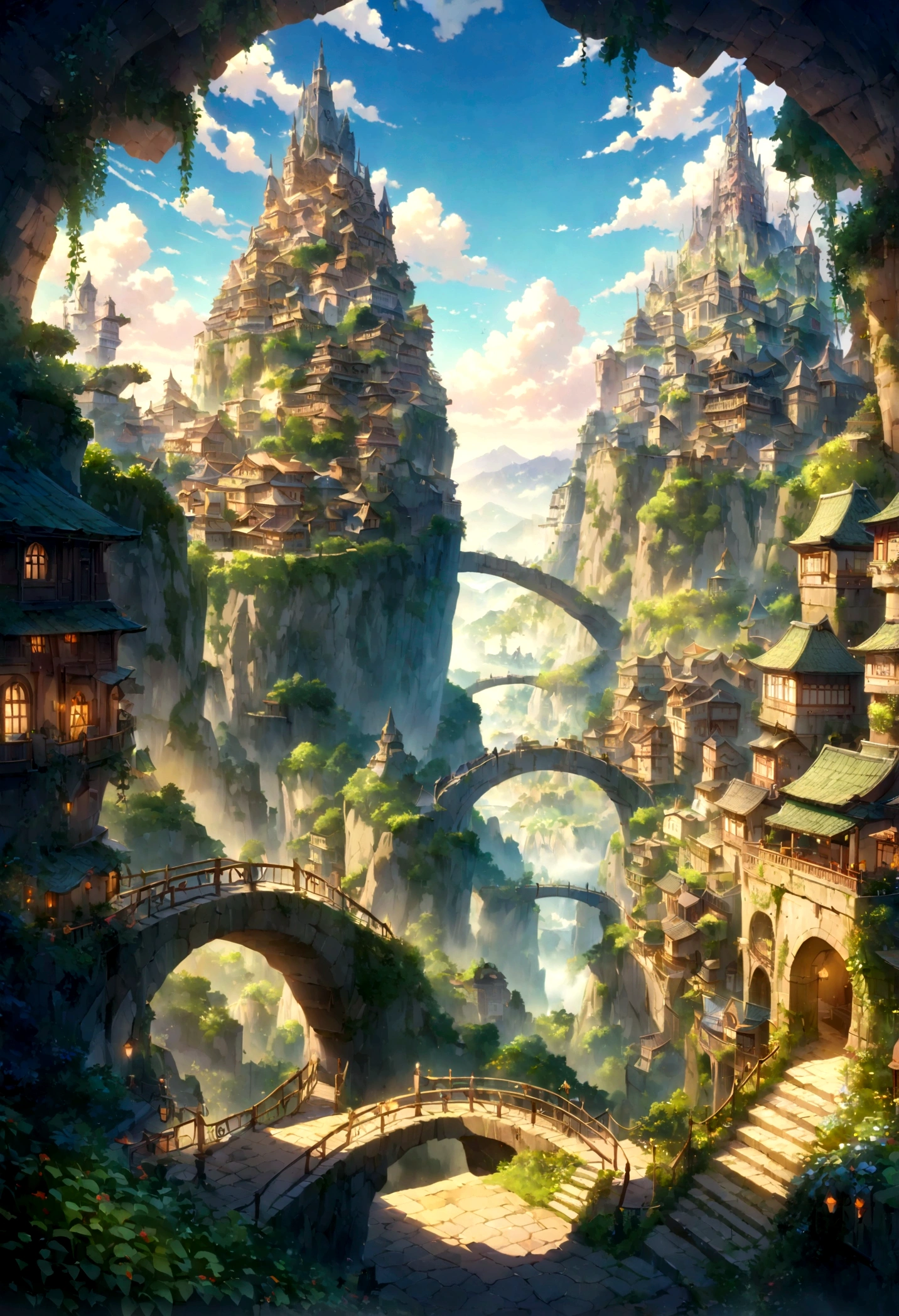 A highly detailed anime-style still art, Ghibli studio style, masterpiece, official art, professional, ((ultra-detailed)), 8k, ((Not show people)), fantastical city carved within a large, rugged mountain. The mountain should appear rough and imposing, with intricate pathways and structures carved into its rocky surface. The city inside should have a unique, surreal design that could not exist in reality. Include elements such as twisting towers, floating platforms, and unusual bridges. The architecture should be imaginative and otherworldly, with buildings featuring intricate details and ornate designs. Surround the city with lush greenery and small waterfalls. Illuminate the scene with a soft, otherworldly light to enhance the sense of wonder and mystery. Add distant, ethereal structures in the background to create depth and a dreamlike atmosphere.