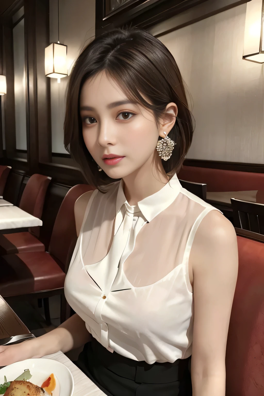 masterpiece, highest quality, Realistic, Very detailed, Finer details, High resolution, 8k wallpaper, One beautiful woman, Wear an elegant white see-through blouse, In a great restaurant, At night, Light brown unkempt short hair, Perfect dynamic composition, Beautiful and beautiful eyes、Big earrings、Sitting in a chair、Sleeveless shirt、