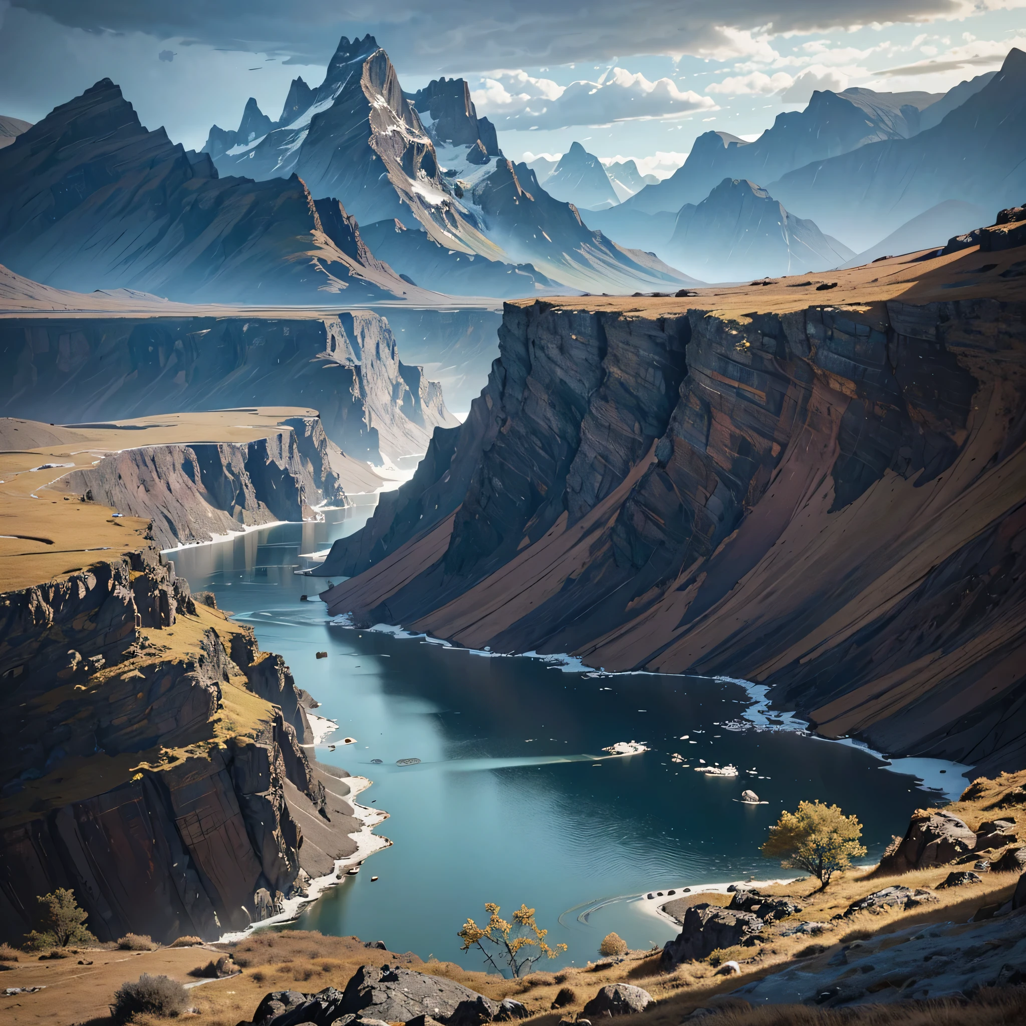image of a dramatic and intricate network of river deltas weaving through a rugged landscape with mountains in the background, under a moody sky. The rivers should have a distinct blue color contrasting with the golden brown hues of the terrain, reminiscent of the highlands of Iceland. Include dynamic lighting to enhance the textures and depth, capturing the essence of an epic journey through remote wilderness.
