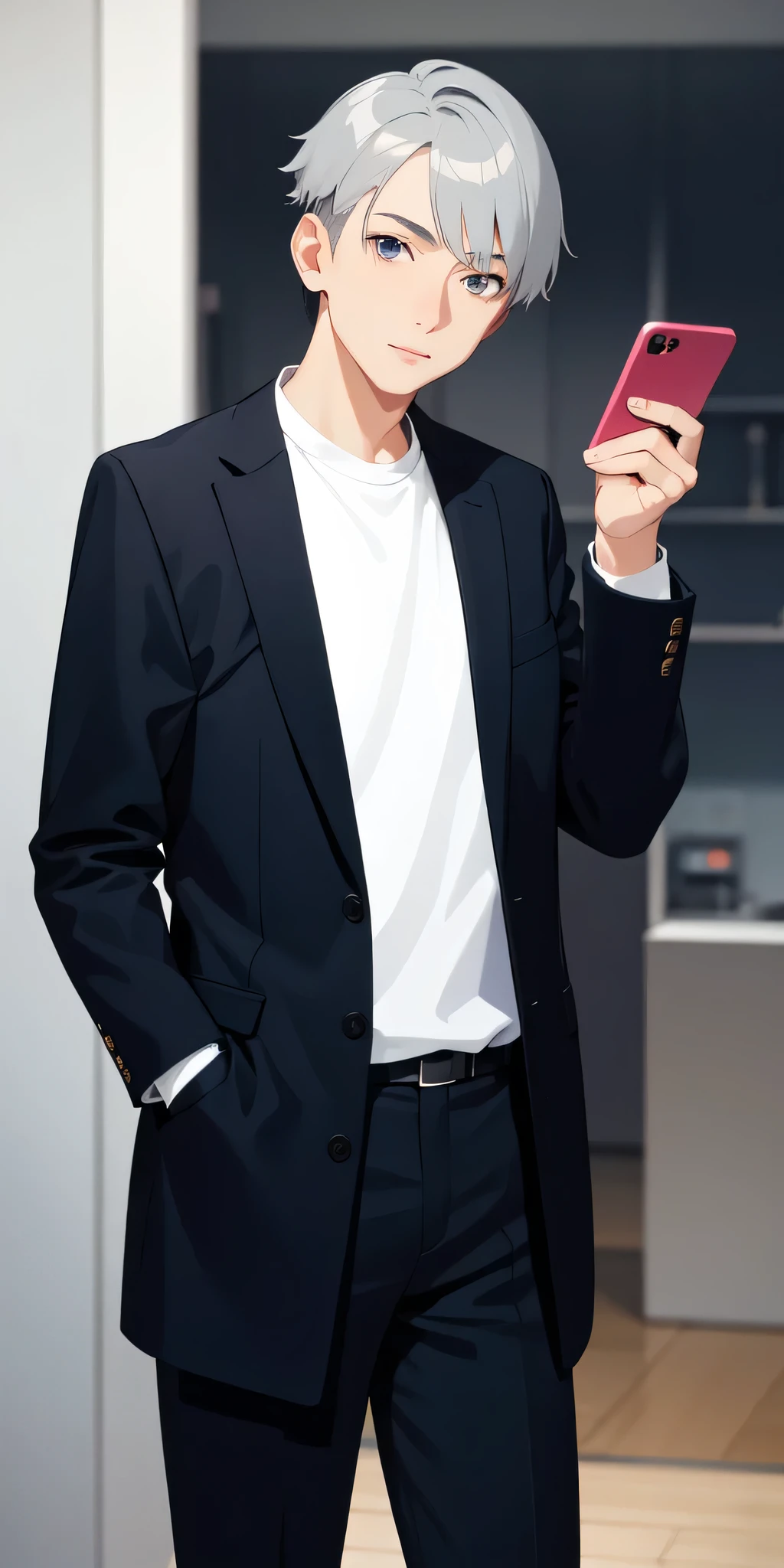 One man,Gray Hair,I have a mobile phone,whole body,background none,30-year-old male,Short Hair,An illustration