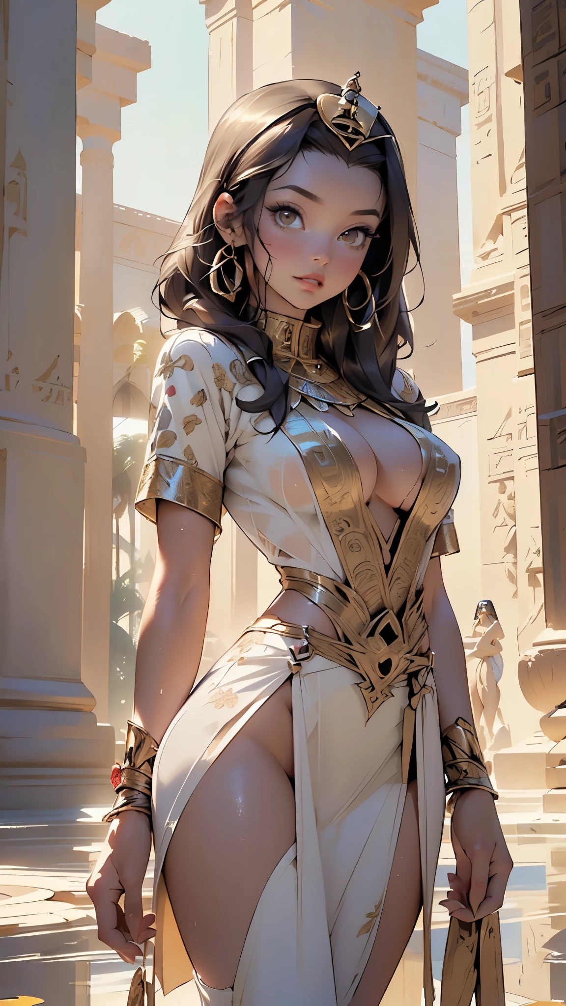 (((Nefertiti))),beautiful queen Nefertiti, egyptian queen, gorgeous woman, egyptian, gorgeous beautiful woman,girl from ancient Egypt,1girl,
(large breasts:1.4),(((brown_eyes:1.3))),intricate eyes,beautiful detailed eyes,symmetrical eyes,((((lustrous skin:1.5,tanned skin,bright skin: 1.5,skin tanned,shiny skin,very shiny skin,shiny body,Reflective skin)))),(spider lower abdomen,narrow waist,wide hip,athletic body,inflated legs,thick thighs,(detailed face)),beautiful detailed lips,((perfect figure :1.2, (round breasts :1.1)),
cute,slutty,sensual,seductive look,seductive,((erotic)),opulent,sumptuous,((nsfw)),
(very detailed clothes:1.2),(elegant ancient Egyptian), ancient Egyptian attire, ((egyptian queen Nefertiti costume,egyptian queen Nefertiti clothes)),(Egyptian clothing,queen of the Egyptian,majesty),Egyptian style,egyptian accessories,(egyptian jewelry in her arms),(((wet clothes,intricate outfit,embroidered outfit,ornate outfit,intricate cloth,embroidered cloth,ornate cloth))),
(flirtatious pose:1.3), looking at viewer,embarrassed,centered,scale to fit dimensions,Rule of thirds,
outdoors,pillars,((pillars background,egyptian palace,egyptian palace background,pyramids in the background)),scenery,extremely scenery,(puddles everywhere,moss,moss on the background), Egypt style,Egypt castle,lily pads,palms,(sunset, golden hour),
(Glossy Egyptian ornaments),highres,sharp focus,(ultra detailed,extremely detailed),(photorealistic artwork:1.37),(extremely detailed CG unity 8k wallpaper),(((vibrant colors,vibrant theme))),(intricate),(masterpiece),(best quality),artistic photography,(photography taken by sldr),(intricate background),perfect rendered face,perfect face details,realistic face,photo realistic,((intricate detail)),(((realism))),