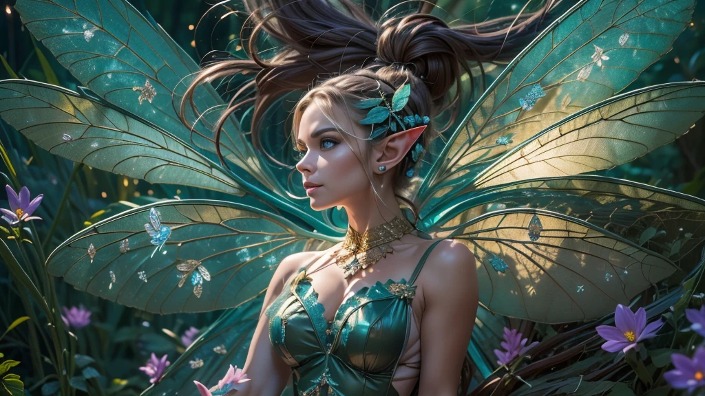 Beautiful faerie woman, elf ear, flying, hovering, floating, centered holographic dragonfly wings, balanced wings, glowing blue eyes, detailed realistic eyes, detailed proportional hand, manicured hands, four fingers on each hand, one thumb on each hand, detailed fingers, proportional fingers, proportional legs, proportional arms, proportional body, firm breast, silk tutu, magic glitter, oak tree forest, frank Frazzetta painting style, (Best Quality:1.4), (Ultra-detailed), (extremely detailed CG unified 8k wallpaper), Highly detailed, RAW Photos, Professional Photography, plein air, Illumination, (Super fancy photos:1.4), (Dazzling light), Radiant Photography, depth of fields,