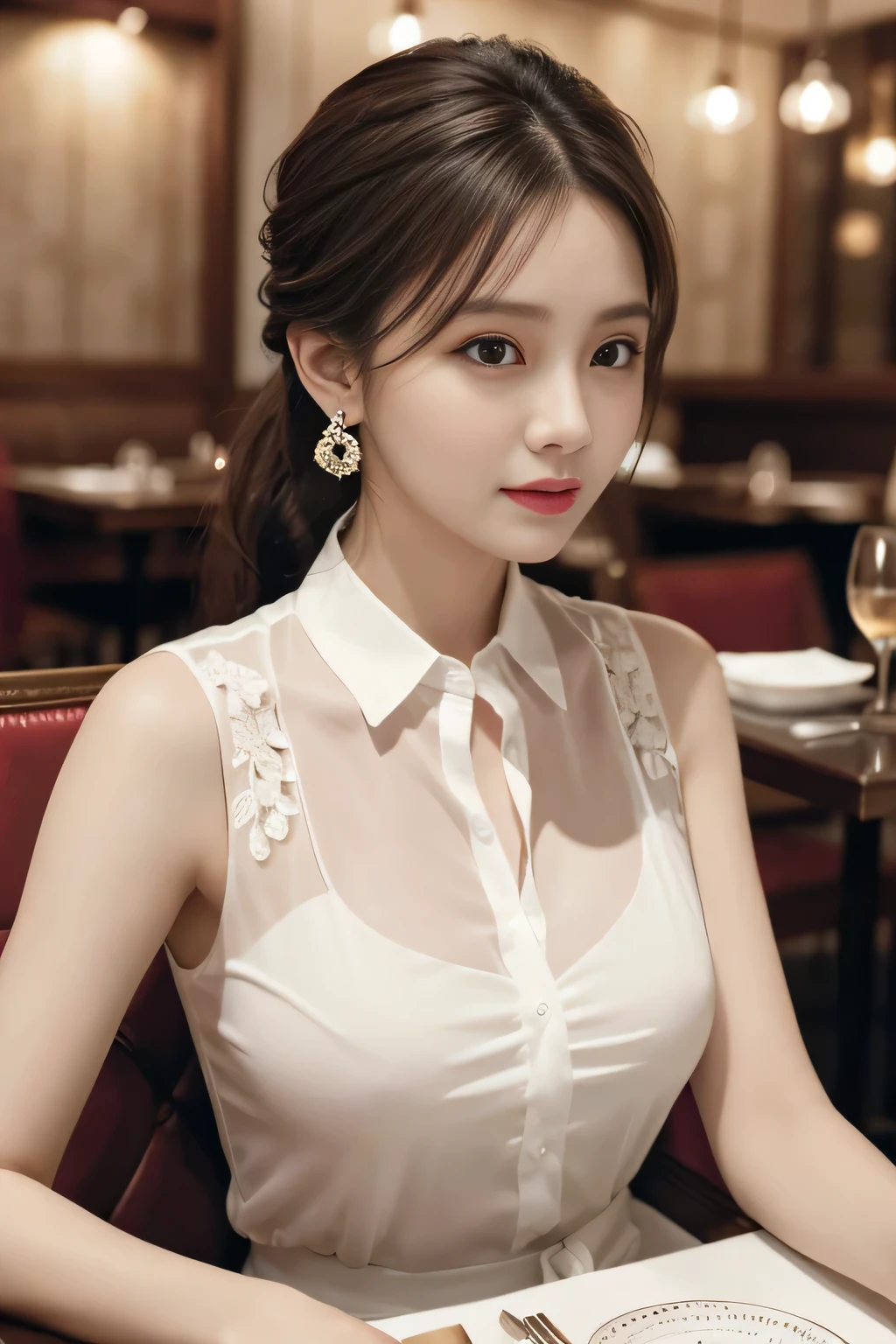 masterpiece, highest quality, Realistic, Very detailed, Finer details, High resolution, 8k wallpaper, One beautiful woman, Wear an elegant white see-through blouse, In a great restaurant, At night, Light brown messy ponytail, Perfect dynamic composition, Beautiful and beautiful eyes、Big earrings、Sitting in a chair、Sleeveless shirt、