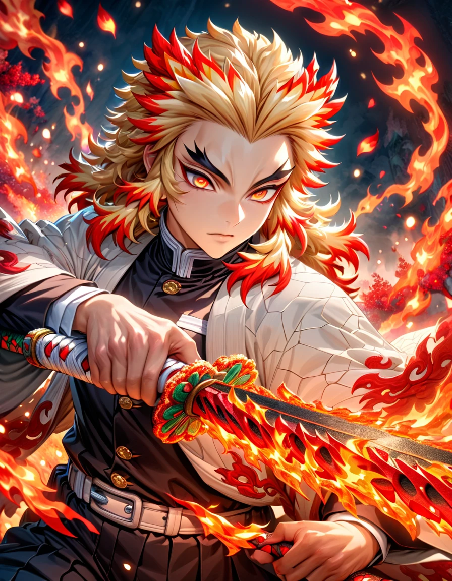 absurdres, highres, ultra detailed, HDR, master piece, best quality, Rengoku Kyojuro, blonde hair, expressive orange eyes, kimetsu no yaiba, solo, sexy man grabbing a sword, handsome, white haori, demon slayer uniform, magical, fantasy, fire, red flowers, red blossoms, red butterflies, red petals