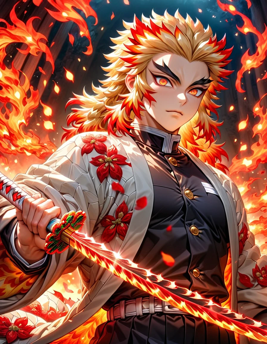 absurdres, highres, ultra detailed, HDR, master piece, best quality, Rengoku Kyojuro, blonde hair, expressive orange eyes, kimetsu no yaiba, solo, sexy man grabbing a sword, handsome, white haori, demon slayer uniform, magical, fantasy, fire, red flowers, red blossoms, red butterflies, red petals