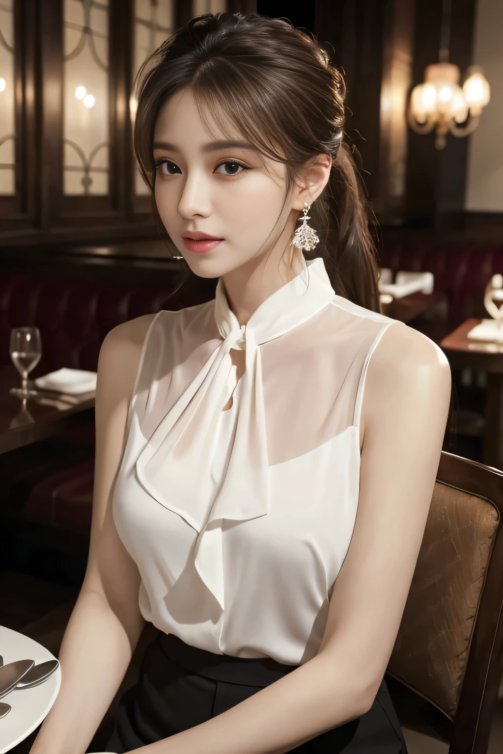 masterpiece, highest quality, Realistic, Very detailed, Finer details, High resolution, 8k wallpaper, One beautiful woman, Wear an elegant white see-through blouse, In a great restaurant, At night, Light brown messy ponytail, Perfect dynamic composition, Beautiful and beautiful eyes、Big earrings、Sitting in a chair、Sleeveless shirt、