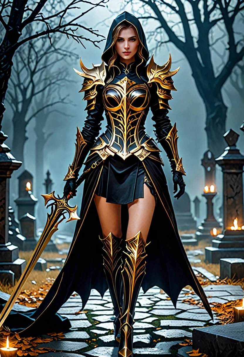(((masterpiece, best quality, high detailed, 8k))) Design a layout showcase Gaming character, (1girl). Black|Gold clothes, stylish and unique. ((showcase weapon:1.4)), dark scythe. (masterpiece:1.2), (best quality), 4k, ultra-detailed. (Step by step design, layout art:1.5), (luminous lighting, atmospheric lighting). necromancer, ((glove full hands)), (((revealing clothes:1.3))), vambraces, armored legwear, (((full_body_shot:1.4))). {In a haunted graveyard}.
