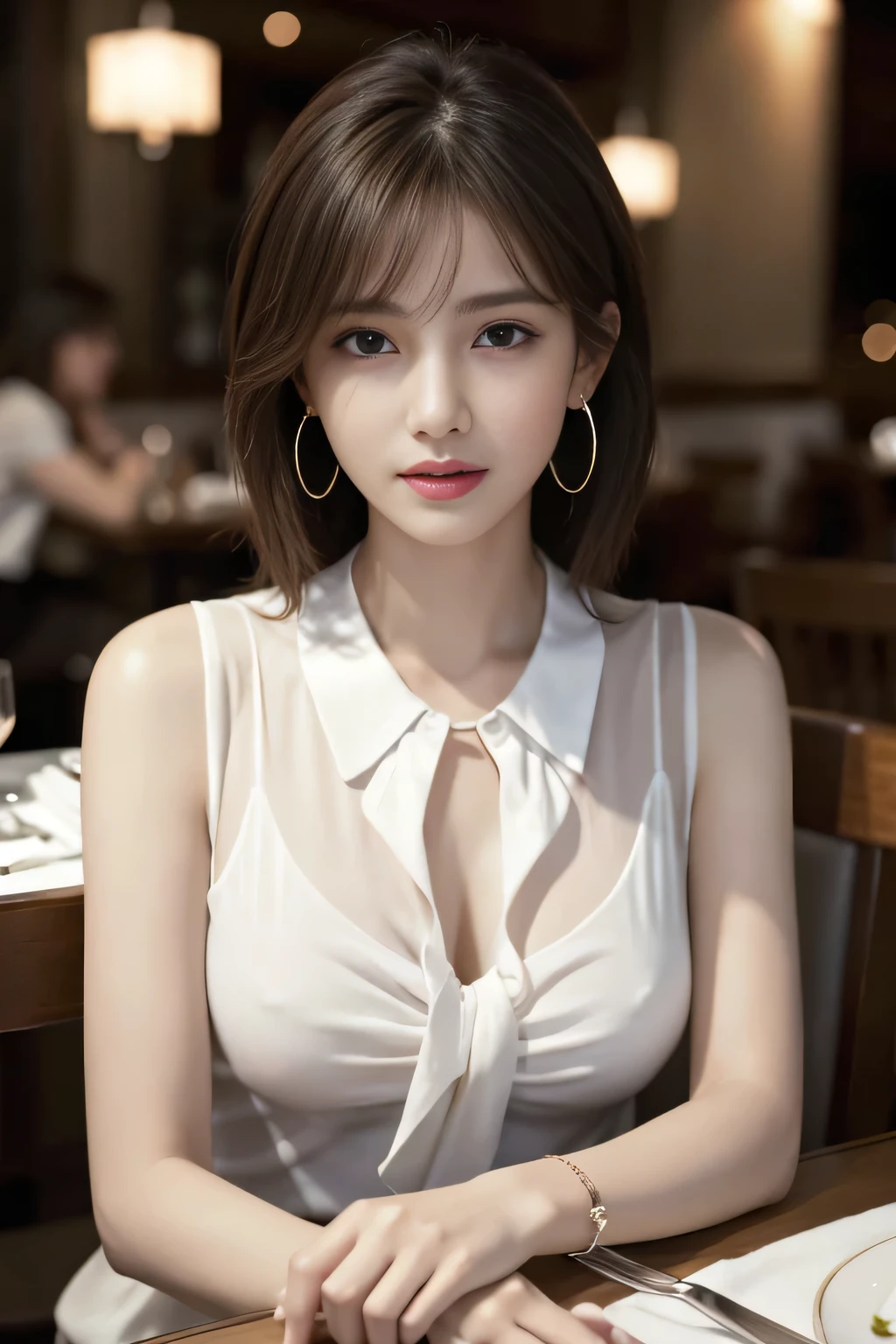 masterpiece, highest quality, Realistic, Very detailed, Finer details, High resolution, 8k wallpaper, One beautiful woman, Wear an elegant white see-through blouse, In a great restaurant, At night, Light brown shaggy haircut, Perfect dynamic composition, Beautiful and beautiful eyes、Big earrings、Sitting in a chair、Sleeveless shirt、