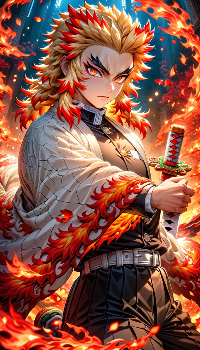 absurdres, highres, ultra detailed, HDR, master piece, best quality, Rengoku Kyojuro, blonde hair, expressive orange eyes, kimetsu no yaiba, solo, sexy man grabbing a sword, handsome, white haori, demon slayer uniform, magical, fantasy, fire, red flowers, red blossoms, red butterflies, red petals