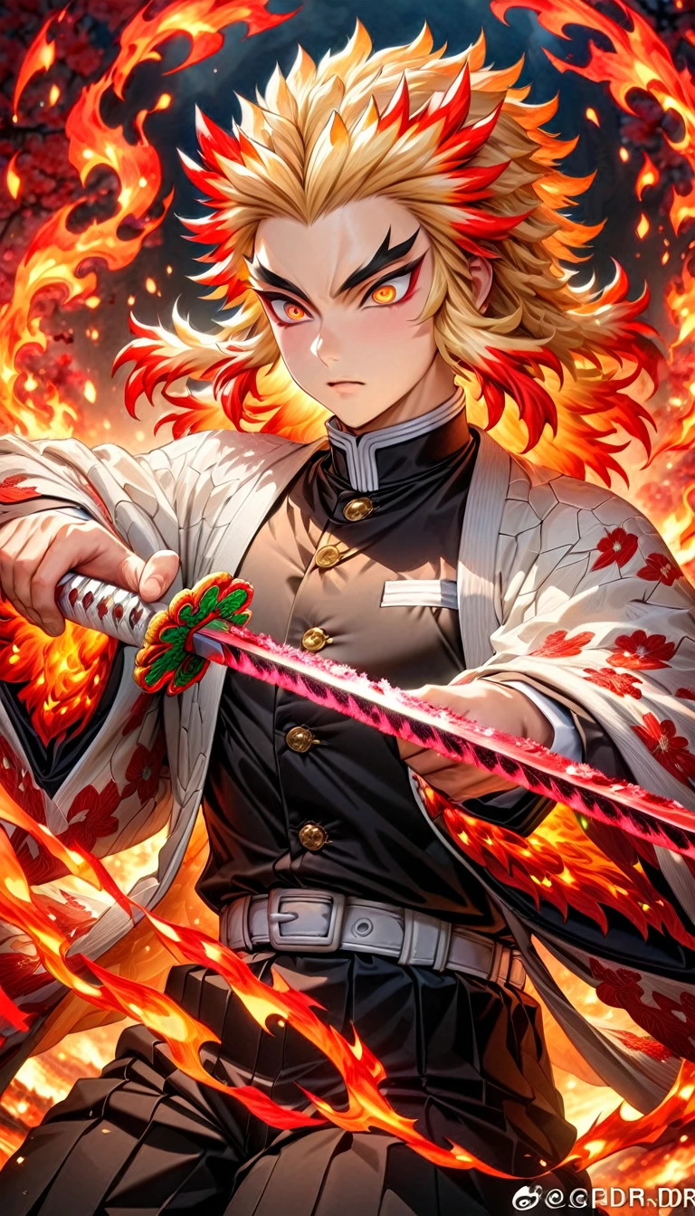 absurdres, highres, ultra detailed, HDR, master piece, best quality, Rengoku Kyojuro, blonde hair, expressive orange eyes, kimetsu no yaiba, solo, sexy man grabbing a sword, handsome, white haori, demon slayer uniform, magical, fantasy, fire, red flowers, red blossoms, red butterflies, red petals