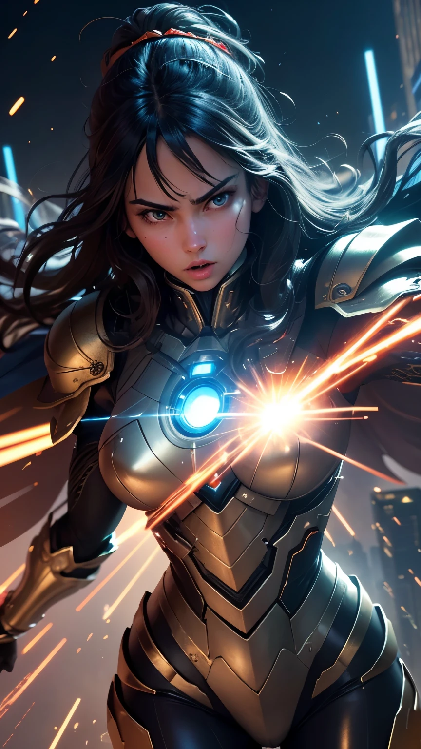 (best quality,4k,highres,masterpiece:1.2),ultra-detailed,realistic,physically-based rendering,professional,vivid colors,bokeh,metallic armor,golden cape,smooth and shiny surface,detailed facial features,bright glowing eyes,energetic flying pose,battle-ready stance,explosive special effects,stormy and dramatic background,heroic and powerful aura,majestic and imposing presence,laser beams shooting from hands,electricity surges,sparkling armor reflections,motion blur effect,helicopter-blade-like wings,intricate mechanical components,urban cityscape,skyscrapers,nighttime setting,dynamic lighting,neon lights,blue and gold color scheme,cosmic energy swirling around,adrenaline-fueled action,high-tech gadgets,advanced weaponry,technological advancements,energy blasts,speed and agility,confident and determined expression.