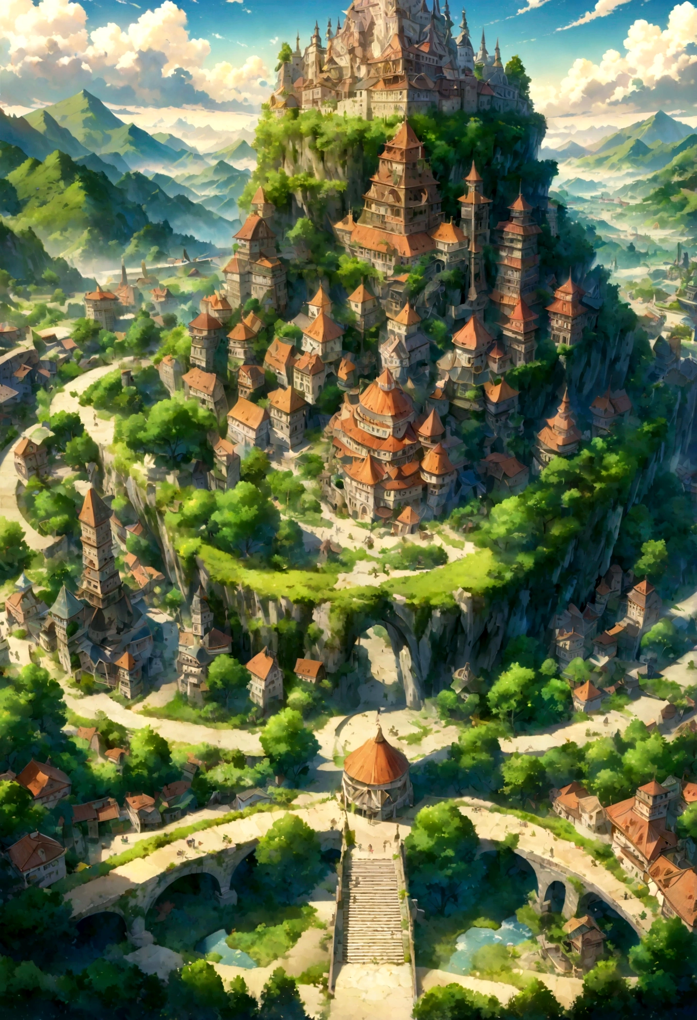 A highly detailed anime-style still art, Ghibli studio style, masterpiece, official art, professional, ((ultra-detailed)), 8k, ((Not show people)), Arabesque pattern, fantastical city carved within a large, rugged mountain. The mountain should appear rough and imposing, with intricate pathways and structures carved into its rocky surface. The city inside should have a unique, surreal design that could not exist in reality. Include elements such as twisting towers, floating platforms, and unusual bridges. The architecture should be imaginative and otherworldly, with buildings featuring intricate details and ornate designs. Surround the city with lush greenery and small waterfalls. Illuminate the scene with a soft, otherworldly light to enhance the sense of wonder and mystery. Add distant, ethereal structures in the background to create depth and a dreamlike atmosphere