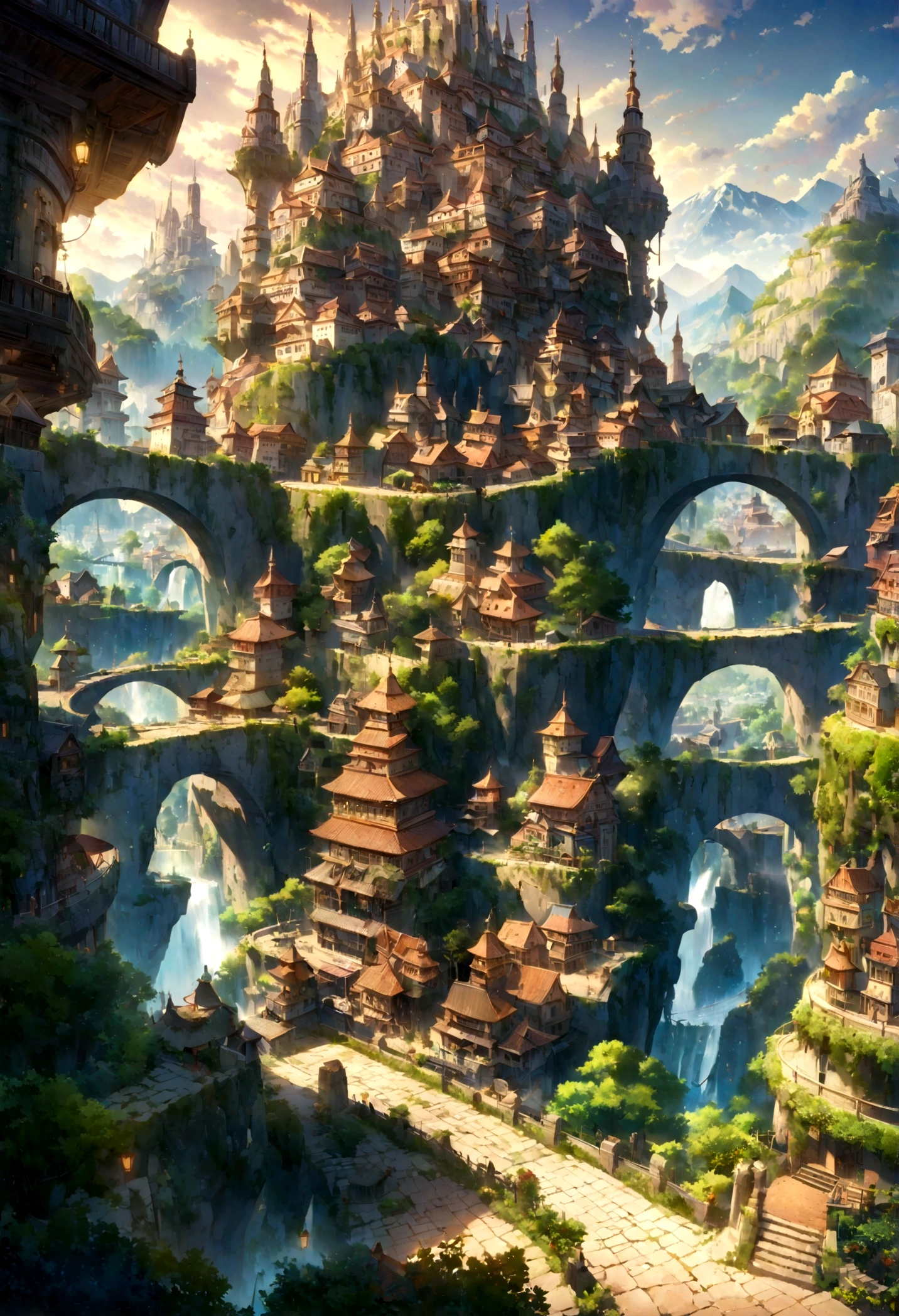 A highly detailed anime-style still art, Ghibli studio style, masterpiece, official art, professional, ((ultra-detailed)), 8k, ((Not show people)), Arabesque pattern, fantastical city carved within a large, rugged mountain. The mountain should appear rough and imposing, with intricate pathways and structures carved into its rocky surface. The city inside should have a unique, surreal design that could not exist in reality. Include elements such as twisting towers, floating platforms, and unusual bridges. The architecture should be imaginative and otherworldly, with buildings featuring intricate details and ornate designs. Surround the city with lush greenery and small waterfalls. Illuminate the scene with a soft, otherworldly light to enhance the sense of wonder and mystery. Add distant, ethereal structures in the background to create depth and a dreamlike atmosphere