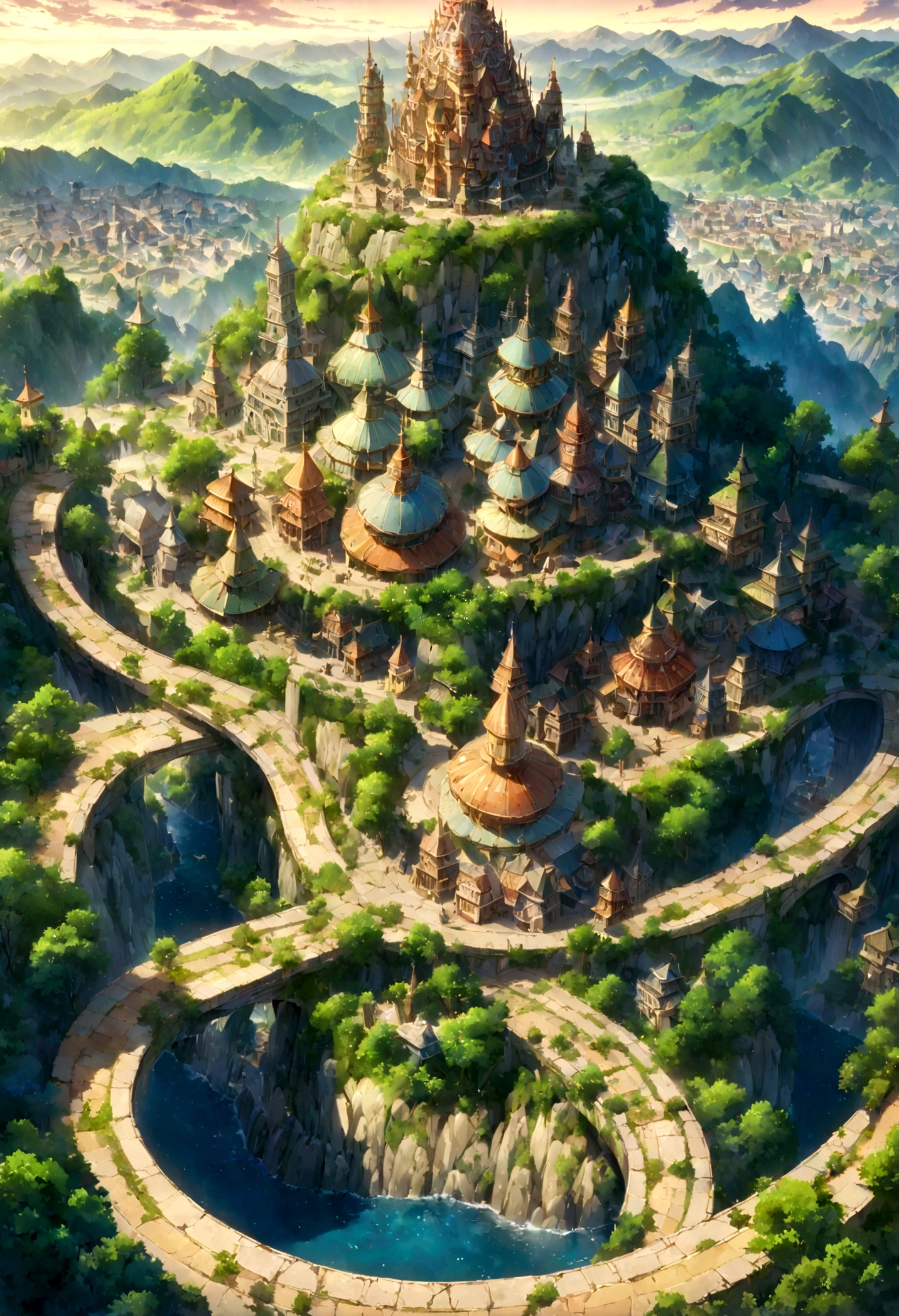 A highly detailed anime-style still art, Ghibli studio style, masterpiece, official art, professional, ((ultra-detailed)), 8k, ((Not show people)), Arabesque pattern, fantastical city carved within a large, rugged mountain. The mountain should appear rough and imposing, with intricate pathways and structures carved into its rocky surface. The city inside should have a unique, surreal design that could not exist in reality. Include elements such as twisting towers, floating platforms, and unusual bridges. The architecture should be imaginative and otherworldly, with buildings featuring intricate details and ornate designs. Surround the city with lush greenery and small waterfalls. Illuminate the scene with a soft, otherworldly light to enhance the sense of wonder and mystery. Add distant, ethereal structures in the background to create depth and a dreamlike atmosphere