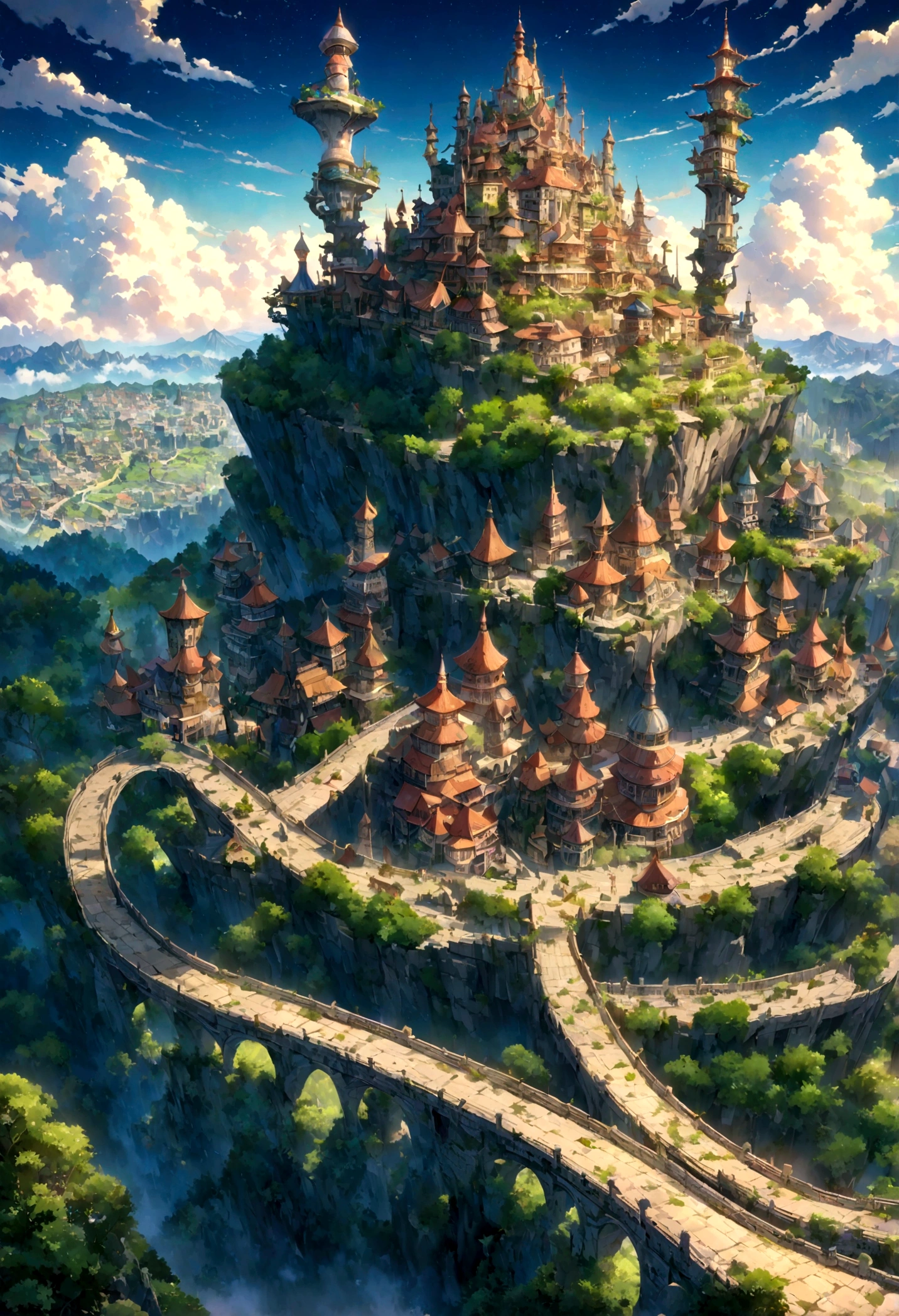 A highly detailed anime-style still art, Ghibli studio style, masterpiece, official art, professional, ((ultra-detailed)), 8k, ((Not show people)), Arabesque pattern, fantastical city carved within a large, rugged mountain. The mountain should appear rough and imposing, with intricate pathways and structures carved into its rocky surface. The city inside should have a unique, surreal design that could not exist in reality. Include elements such as twisting towers, floating platforms, and unusual bridges. The architecture should be imaginative and otherworldly, with buildings featuring intricate details and ornate designs. Surround the city with lush greenery and small waterfalls. Illuminate the scene with a soft, otherworldly light to enhance the sense of wonder and mystery. Add distant, ethereal structures in the background to create depth and a dreamlike atmosphere
