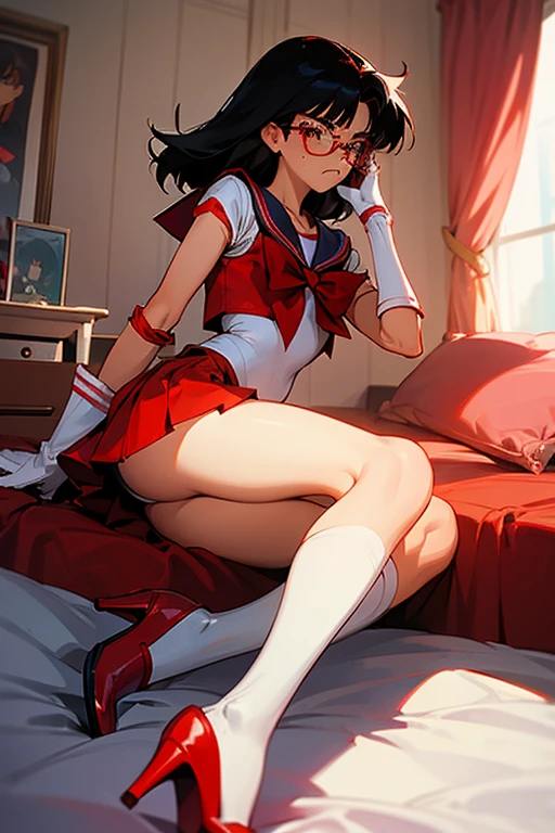 A high school girl with short black hair, glasses and freckles dressed as Sailor Mars, wearing red high heels and white gloves in her room with a displeased look on her face.