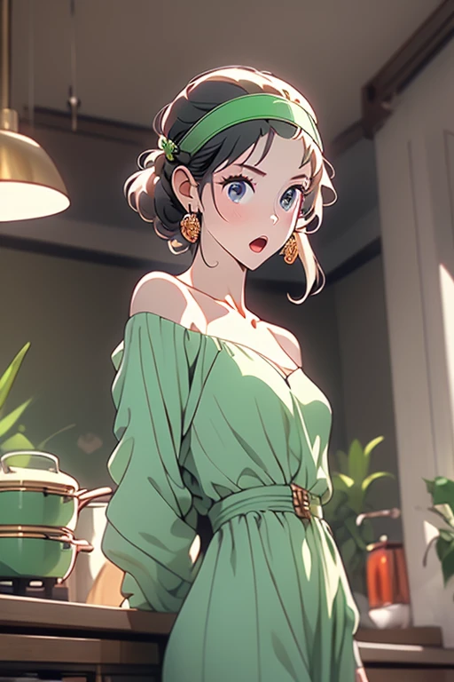 (small breasts:1.3), (perky chest:1.1), (pointed chest:1.0), (fashion magazine cover:1.3)，(from below:1.0),(from side:0.9),masterpiece, 1girl, Amazing Cleavage:1.1, thin waist, big ass, Raised sexy, small breast: 1.3, posed cleavage:1.2、solo, looking at viewer, open mouth, have a cute grass of cute beergrass,black hair, dark green eyes, dress, bare shoulders, jewelry, collarbone, sidelocks, hairband, earrings, indoors, off shoulder, :o, sweater, arms behind back, plant, short hair with long locks, gild hairband, off-shoulder dress, sweater dress, off-shoulder sweater, red sweater, dark gord hair, big side hair, very long side hair,is rendered in (masterpiece: 1.2, best quality), with (ultra high resolution) and an exquisite (depth of field). This masterpiece is not only visually stunning but also tells,A scene of cooking in the kitchen by classroom

