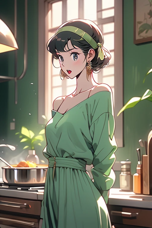 (small breasts:1.3), (perky chest:1.1), (pointed chest:1.0), (fashion magazine cover:1.3),(from below:1.0),(from side:0.9),masterpiece, 1girl, Amazing Cleavage:1.1, thin waist, big ass, Raised sexy, small breast: 1.3, posed cleavage:1.2、solo, looking at viewer, open mouth, have a cute grass of cute beergrass,black hair, dark green eyes, dress, bare shoulders, jewelry, collarbone, sidelocks, hairband, earrings, indoors, off shoulder, :o, sweater, arms behind back, plant, short hair with long locks, gild hairband, off-shoulder dress, sweater dress, off-shoulder sweater, red sweater, dark gord hair, big side hair, very long side hair,is rendered in (masterpiece: 1.2, best quality), with (ultra high resolution) and an exquisite (depth of field). This masterpiece is not only visually stunning but also tells,A scene of cooking in the kitchen by classroom