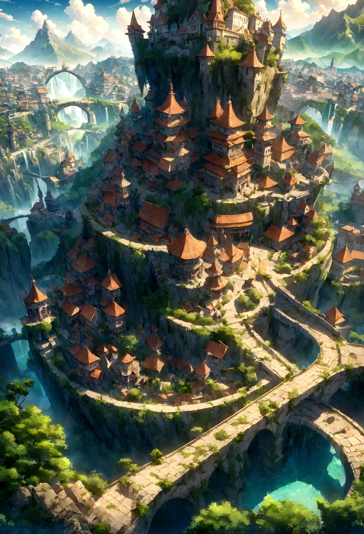 A highly detailed anime-style still art, Ghibli studio style, masterpiece, official art, professional, ((ultra-detailed)), 8k, ((Not show people)), Arabesque pattern, fantastical city carved within a large, rugged mountain. The mountain should appear rough and imposing, with intricate pathways and structures carved into its rocky surface. The city inside should have a unique, surreal design that could not exist in reality. Include elements such as twisting towers, floating platforms, and unusual bridges. The architecture should be imaginative and otherworldly, with buildings featuring intricate details and ornate designs. Surround the city with lush greenery and small waterfalls. Illuminate the scene with a soft, otherworldly light to enhance the sense of wonder and mystery. Add distant, ethereal structures in the background to create depth and a dreamlike atmosphere