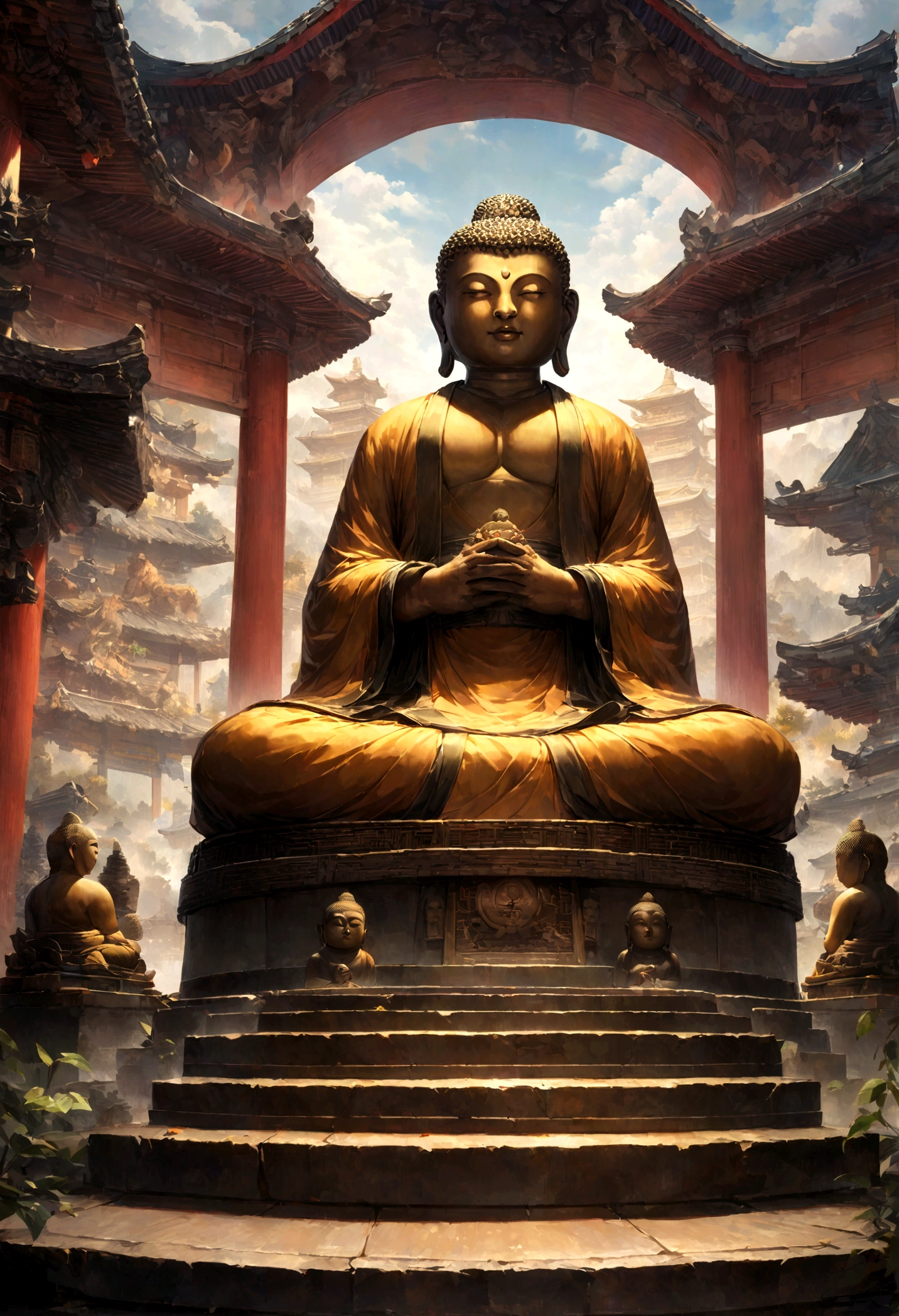 Huge stone Buddha statue，There is a staircase leading up to it, a Buddha教徒 Buddha, Zen temple background, Buddha教, Digital Painting of a Pagoda, Buddha, Buddha教徒, Temple Background, Background artwork, inspired by Kaigetsudō Anchi, Buddha教美術, Buddha, A beautiful depiction of the Tang Dynasty, Highly detailed digital art in 4K, Asian Ultra Details