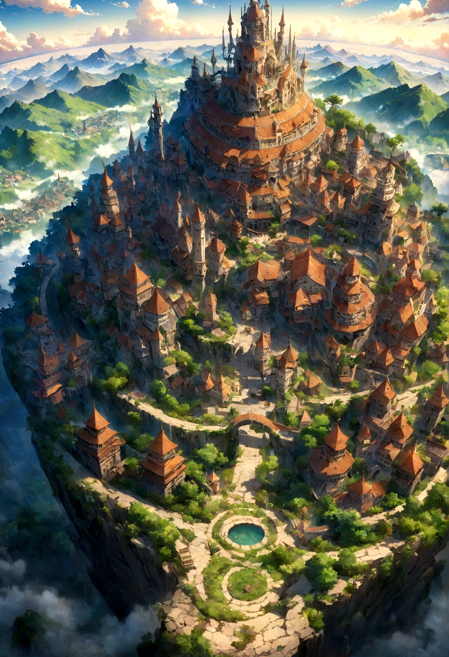 A highly detailed anime-style still art, Ghibli studio style, masterpiece, official art, professional, ((ultra-detailed)), 8k, ((Not show people)), Arabesque pattern, fantastical city carved within a large, rugged mountain. The mountain should appear rough and imposing, with intricate pathways and structures carved into its rocky surface. The city inside should have a unique, surreal design that could not exist in reality. Include elements such as twisting towers, floating platforms, and unusual bridges. The architecture should be imaginative and otherworldly, with buildings featuring intricate details and ornate designs. Surround the city with lush greenery and small waterfalls. Illuminate the scene with a soft, otherworldly light to enhance the sense of wonder and mystery. Add distant, ethereal structures in the background to create depth and a dreamlike atmosphere