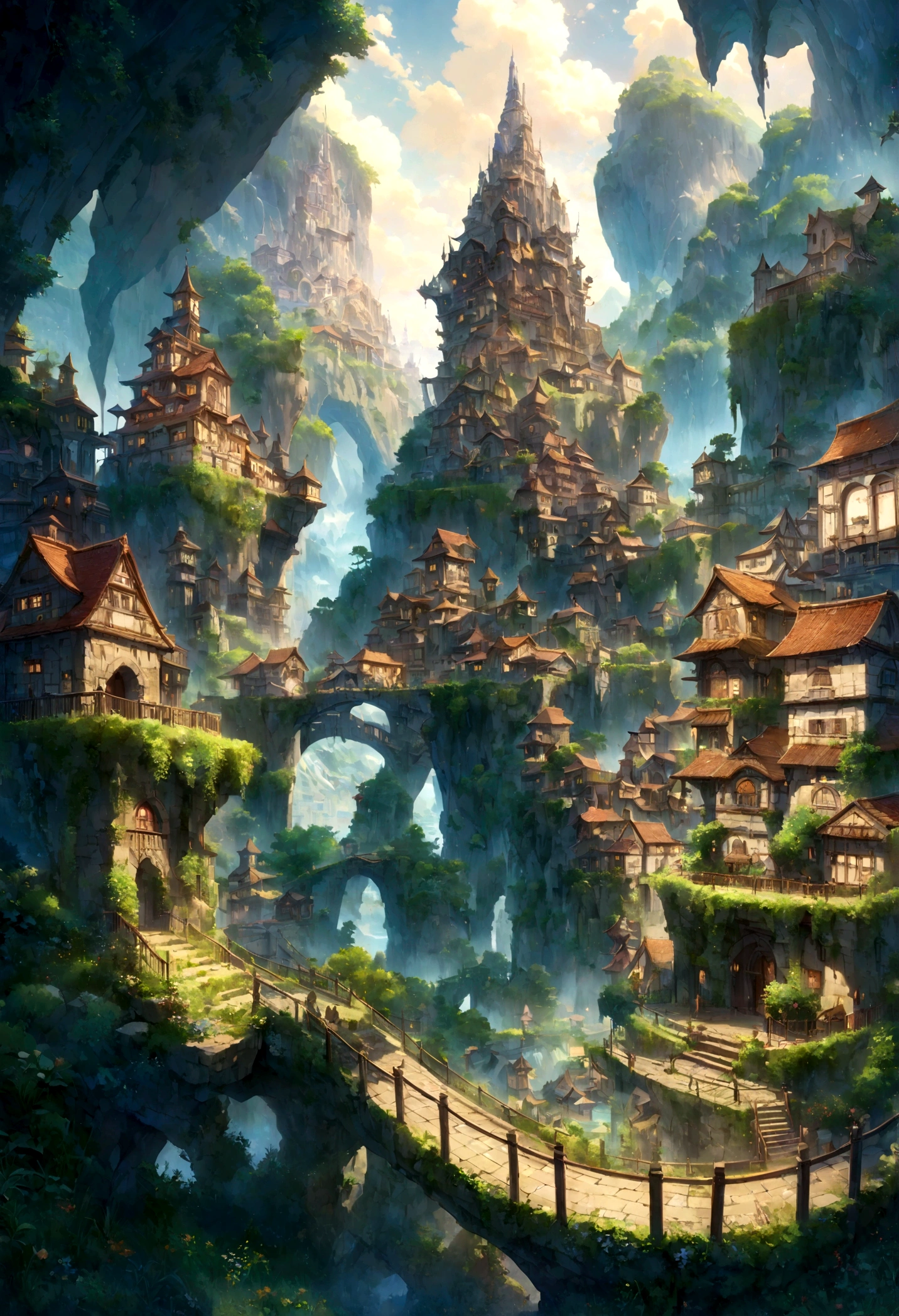 A highly detailed anime-style still art, Ghibli studio style, masterpiece, official art, professional, ((ultra-detailed)), 8k, ((Not show people)), Arabesque pattern, fantastical city carved within a large, rugged mountain. The mountain should appear rough and imposing, with intricate pathways and structures carved into its rocky surface. The city inside should have a unique, surreal design that could not exist in reality. Include elements such as twisting towers, floating platforms, and unusual bridges. The architecture should be imaginative and otherworldly, with buildings featuring intricate details and ornate designs. Surround the city with lush greenery and small waterfalls. Illuminate the scene with a soft, otherworldly light to enhance the sense of wonder and mystery. Add distant, ethereal structures in the background to create depth and a dreamlike atmosphere