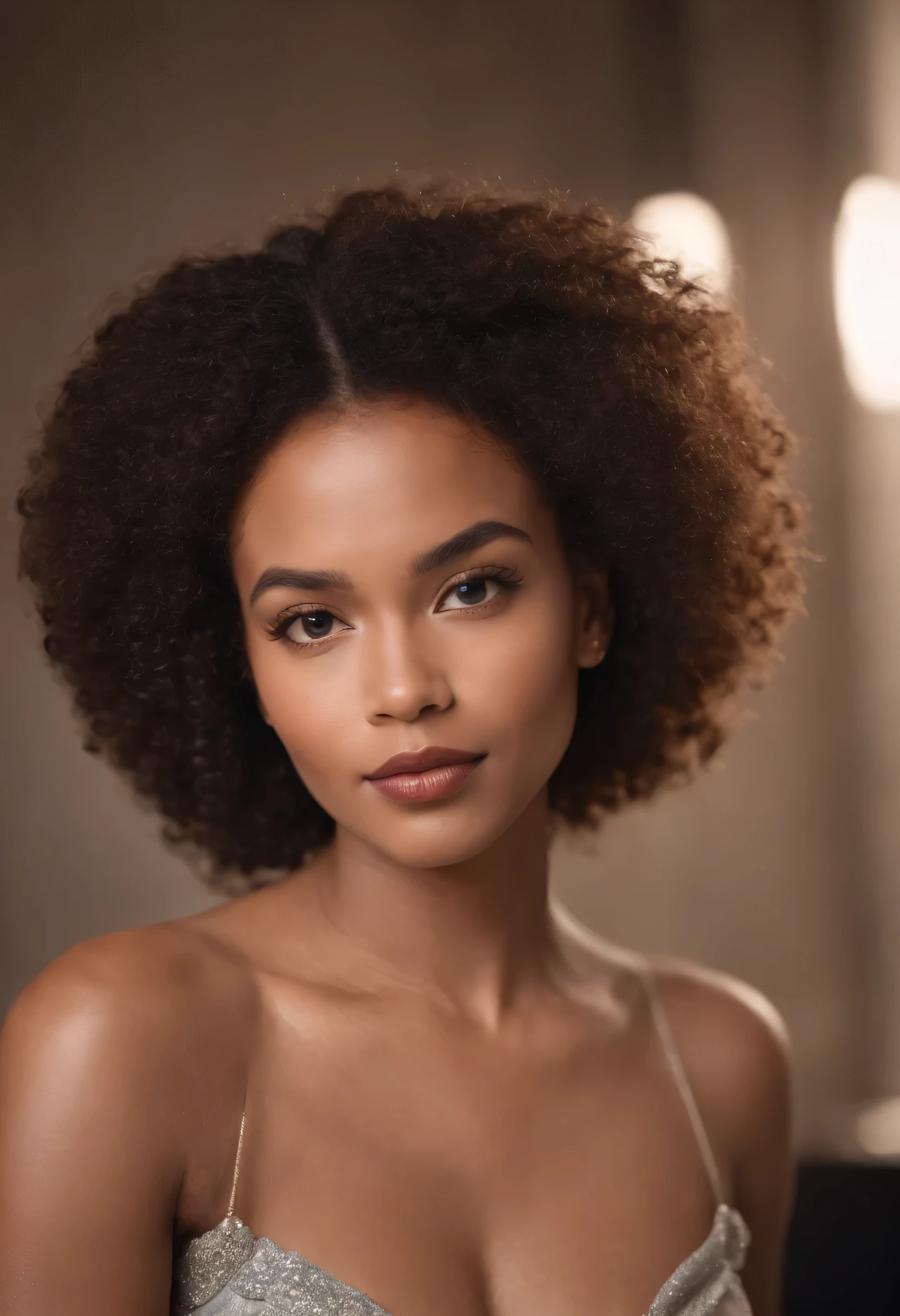 Belle femme à la peau foncée avec une coiffure afro, Photo frontale de l&#39;influencer looking at the camera with both hands crossed and folded in front of her. 28 ans, taille fine, sexy neckline.