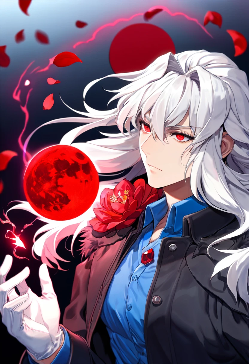 Ultra detailed, highres, absurdres, HDR, master piece, Vlov Arkhangel, white long hair, expressive red eyes, Tsukihime (Melty Blood), fantasy, petals, red flowers, handsome, sexy man, solo, magic, shining red fireflies, red moon, best quality, extremely detailed face and eyes, red lightning, black coat with fur on his shoulder, white gloves, blue shirt